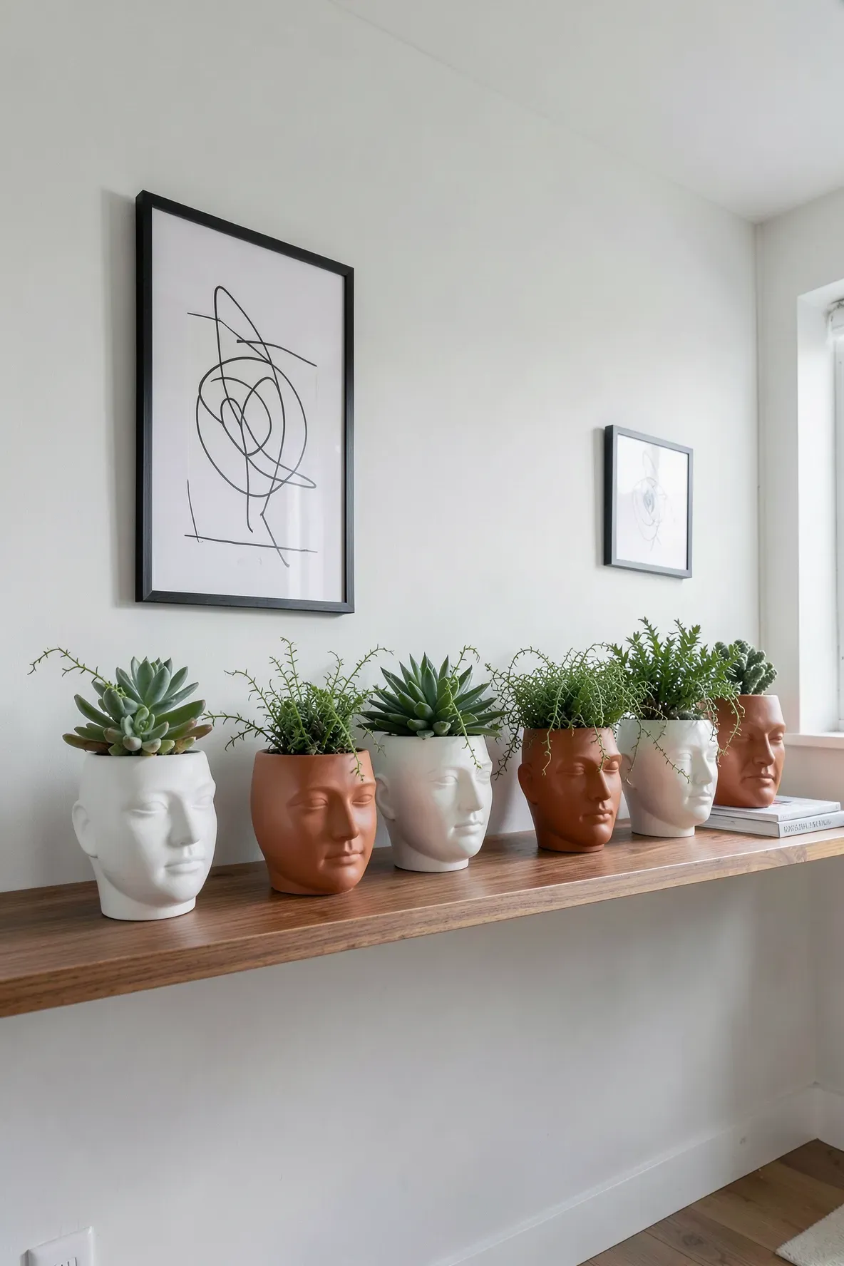 Artistic ceramic face-shaped planters with bushy green plants acting as hair on a modern wooden shelf.