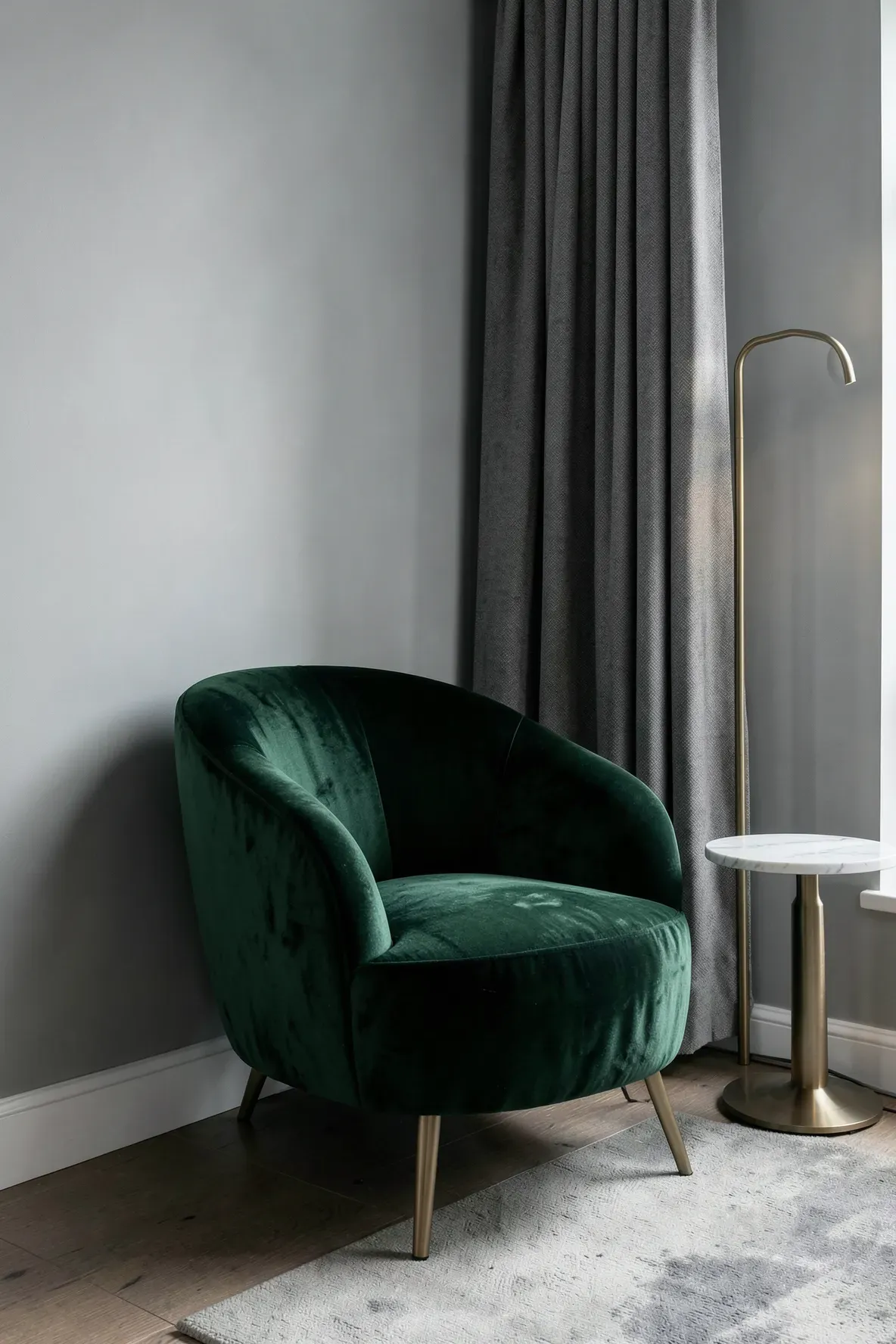 A plush forest green velvet armchair positioned against a neutral light grey wall in a modern room.