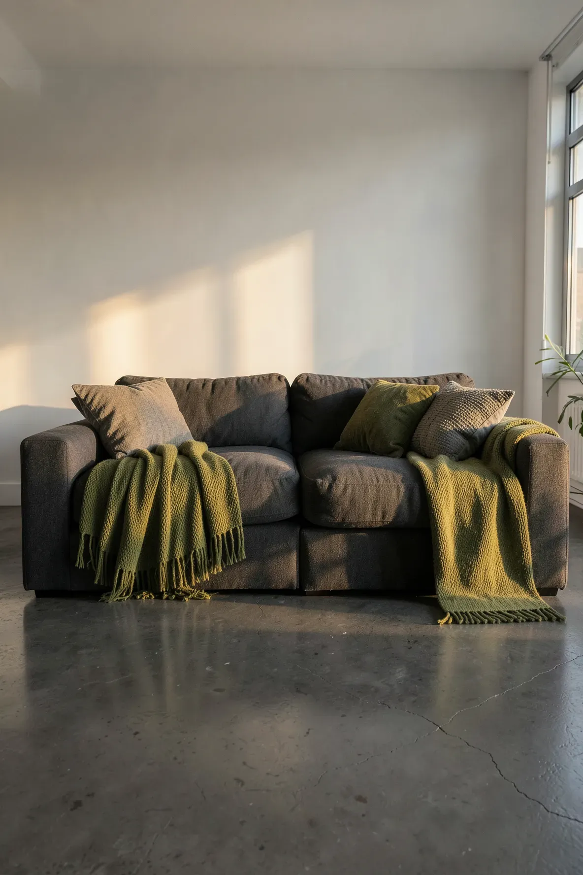 An olive green throw blanket draped over a dark charcoal sectional sofa in a warm living room.