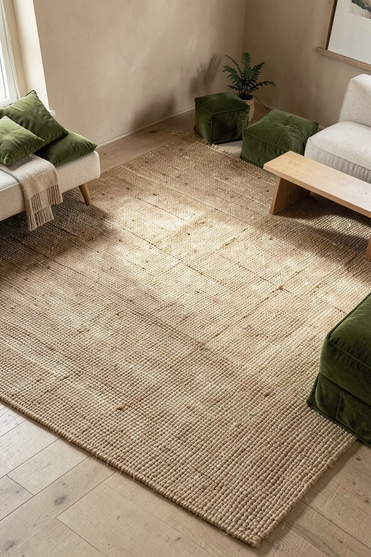 A natural jute rug on a wooden floor with moss green floor cushions in an earthy living room.