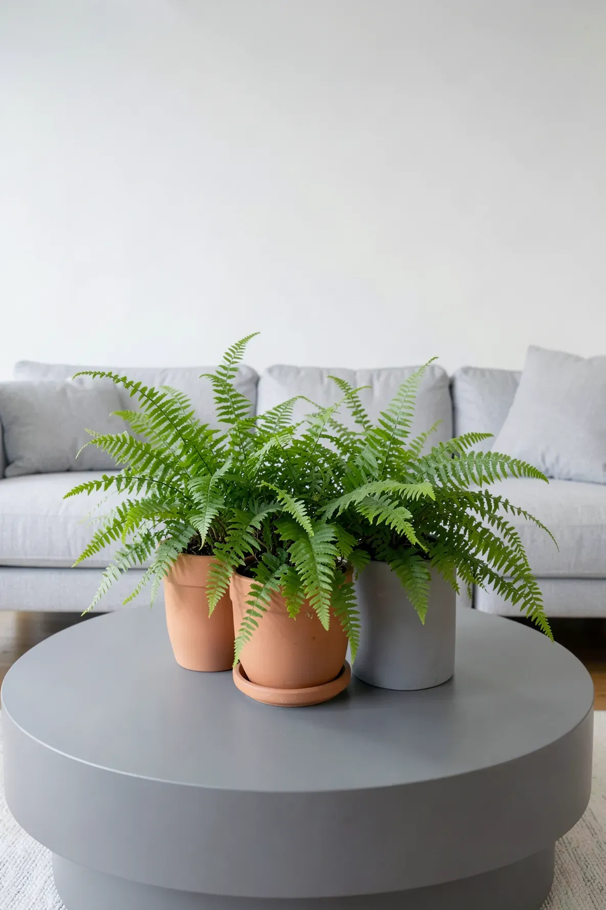 A matte grey coffee table with lush green ferns in a bright, minimalist living room.