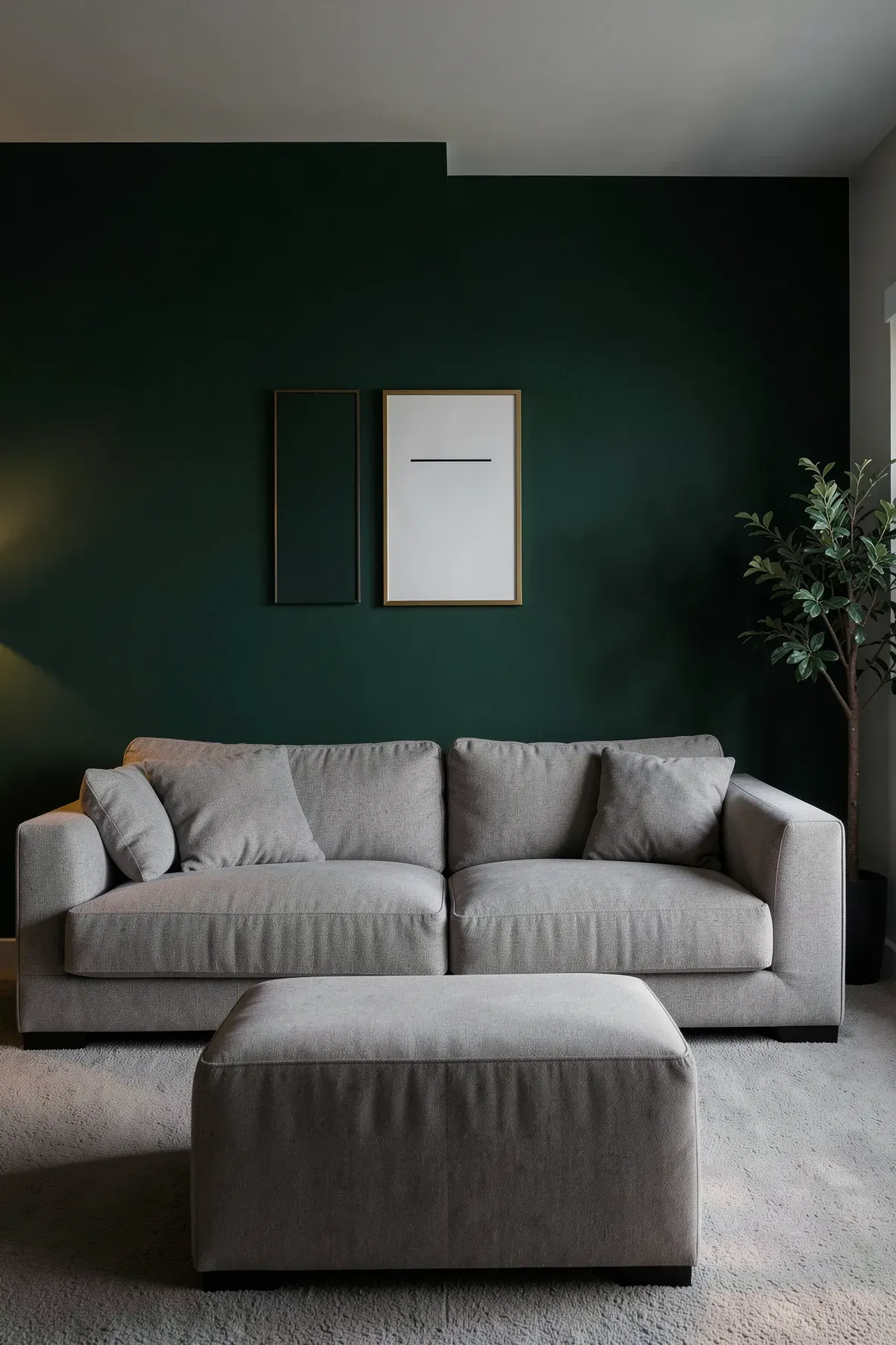 A dark emerald green accent wall behind a neutral greige sofa in a moody living room.