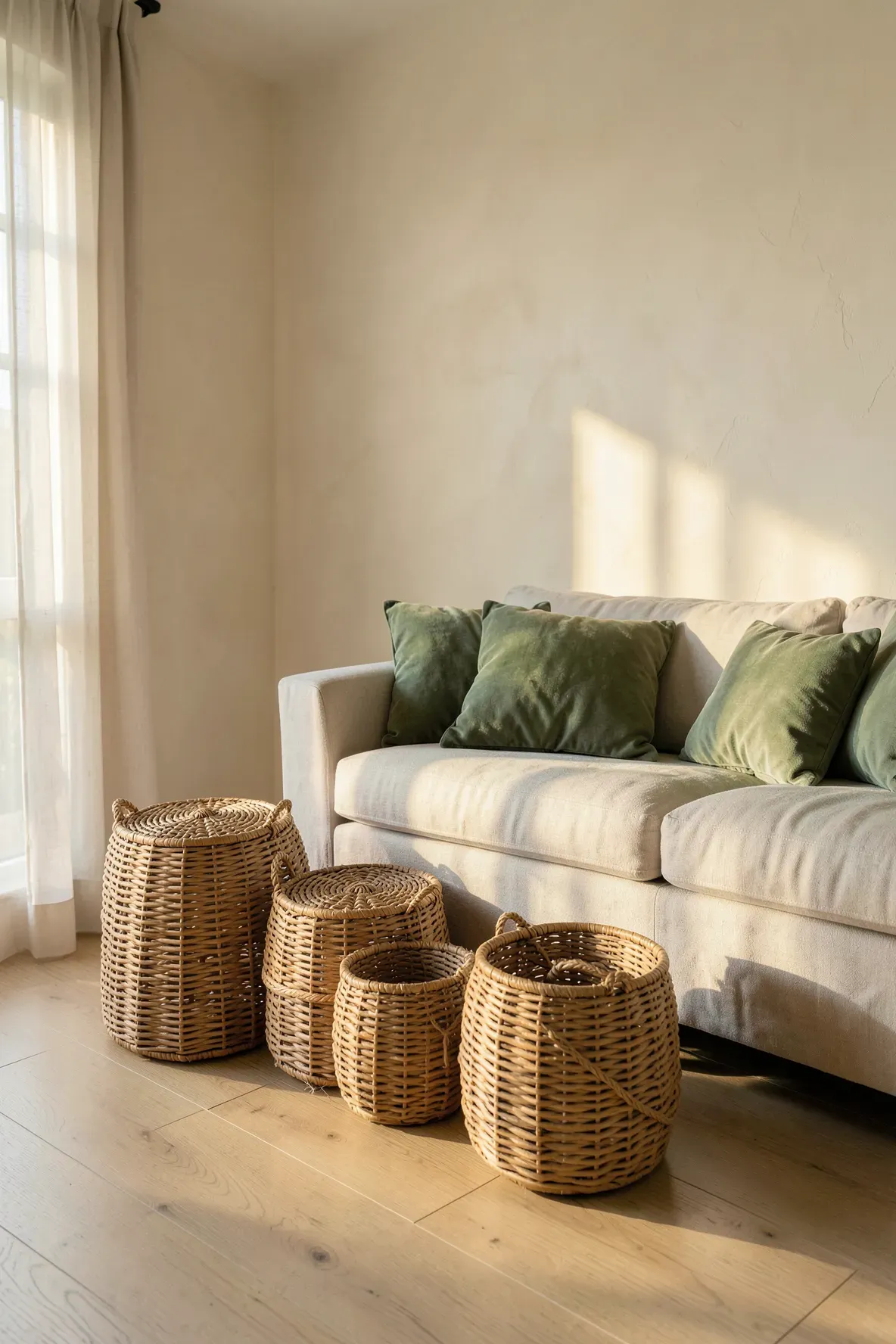 A cozy living room with woven rattan baskets and sage green pillows on a neutral sofa.