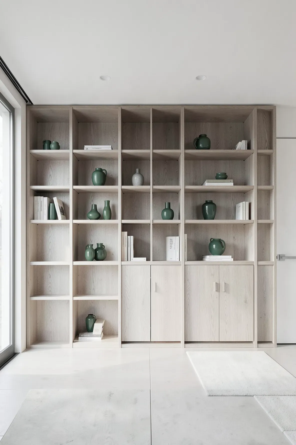 Modern ash wood shelves displaying various green ceramic vases in a bright living room.