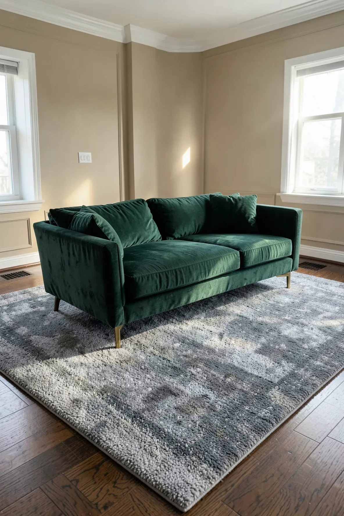 A deep green velvet loveseat centered on a large pebble grey rug in a stylish room.