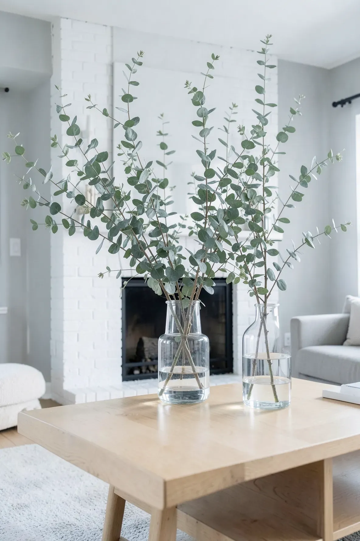 Fresh eucalyptus branches in clear glass vases on a mantle in a bright, neutral room.