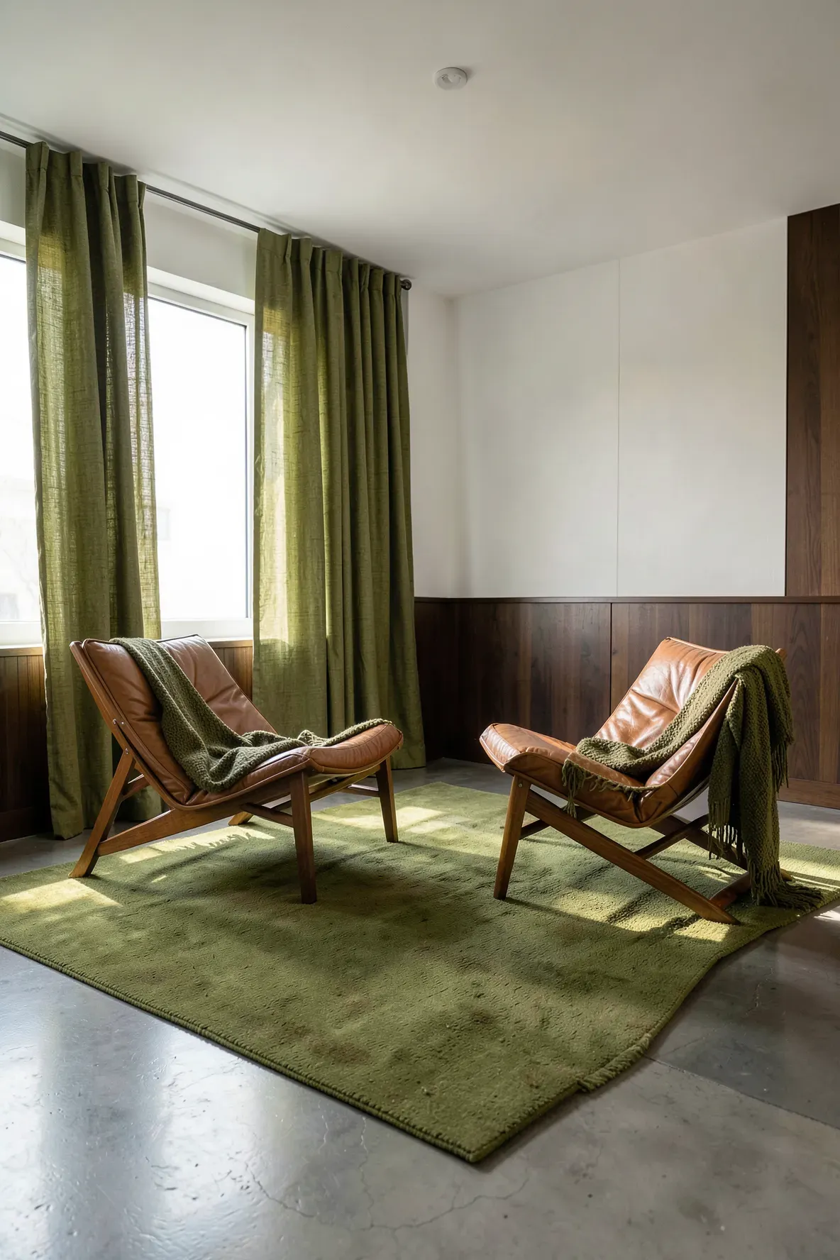 Cognac leather sling chairs paired with olive green curtains and rug in a modern room.