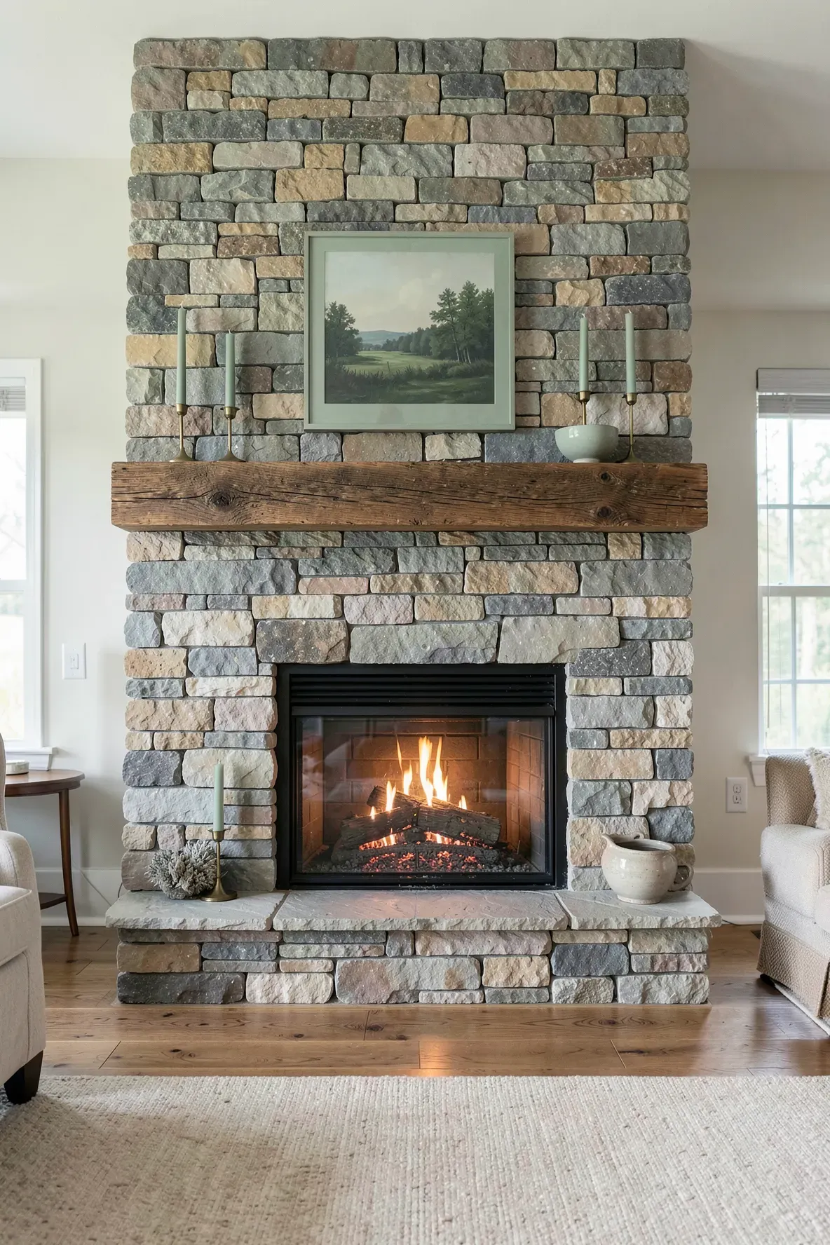 A stone fireplace with a wooden mantle decorated with sage green candles and art.