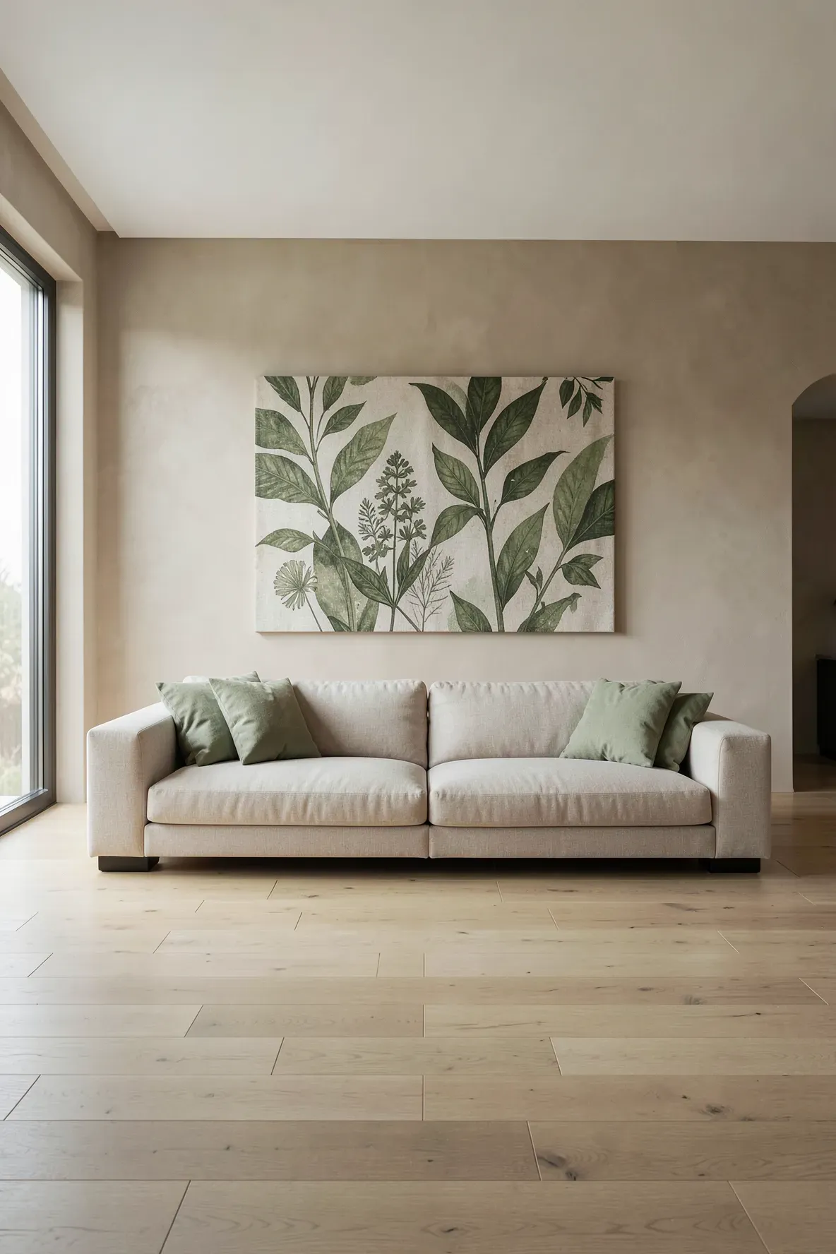 A modern living room featuring botanical canvas art on a neutral wall above a sand-colored linen sofa.