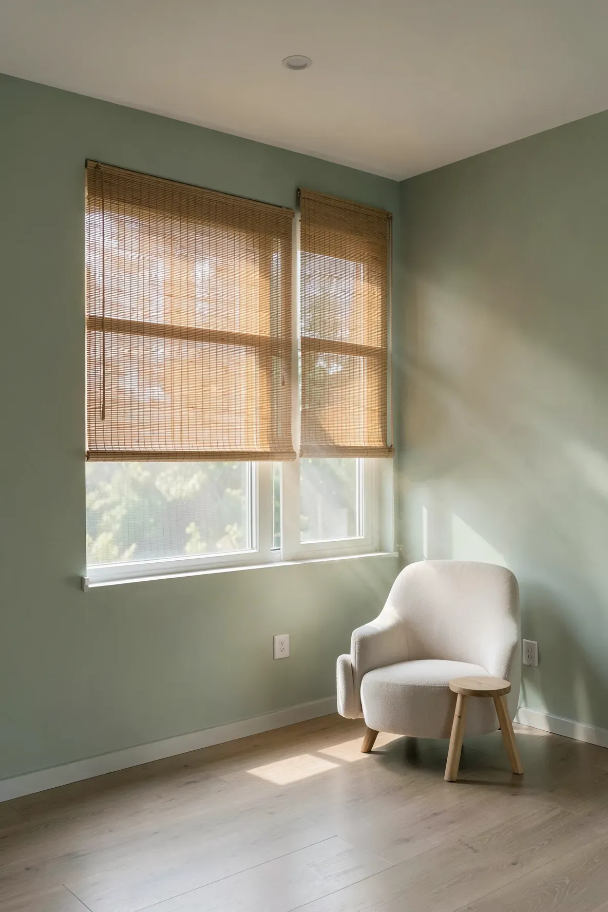 Natural bamboo window shades filtering light against soft sage green walls in a serene living room.