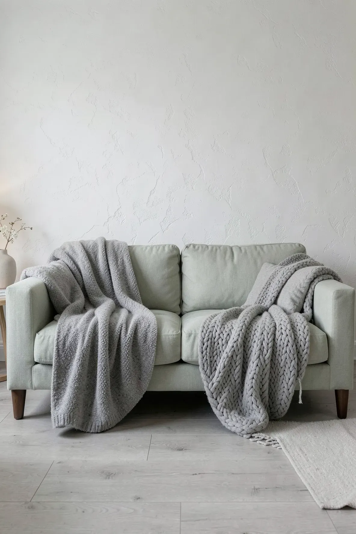 A pale sage green sofa with a chunky grey wool throw in a bright, neutral-toned living room.
