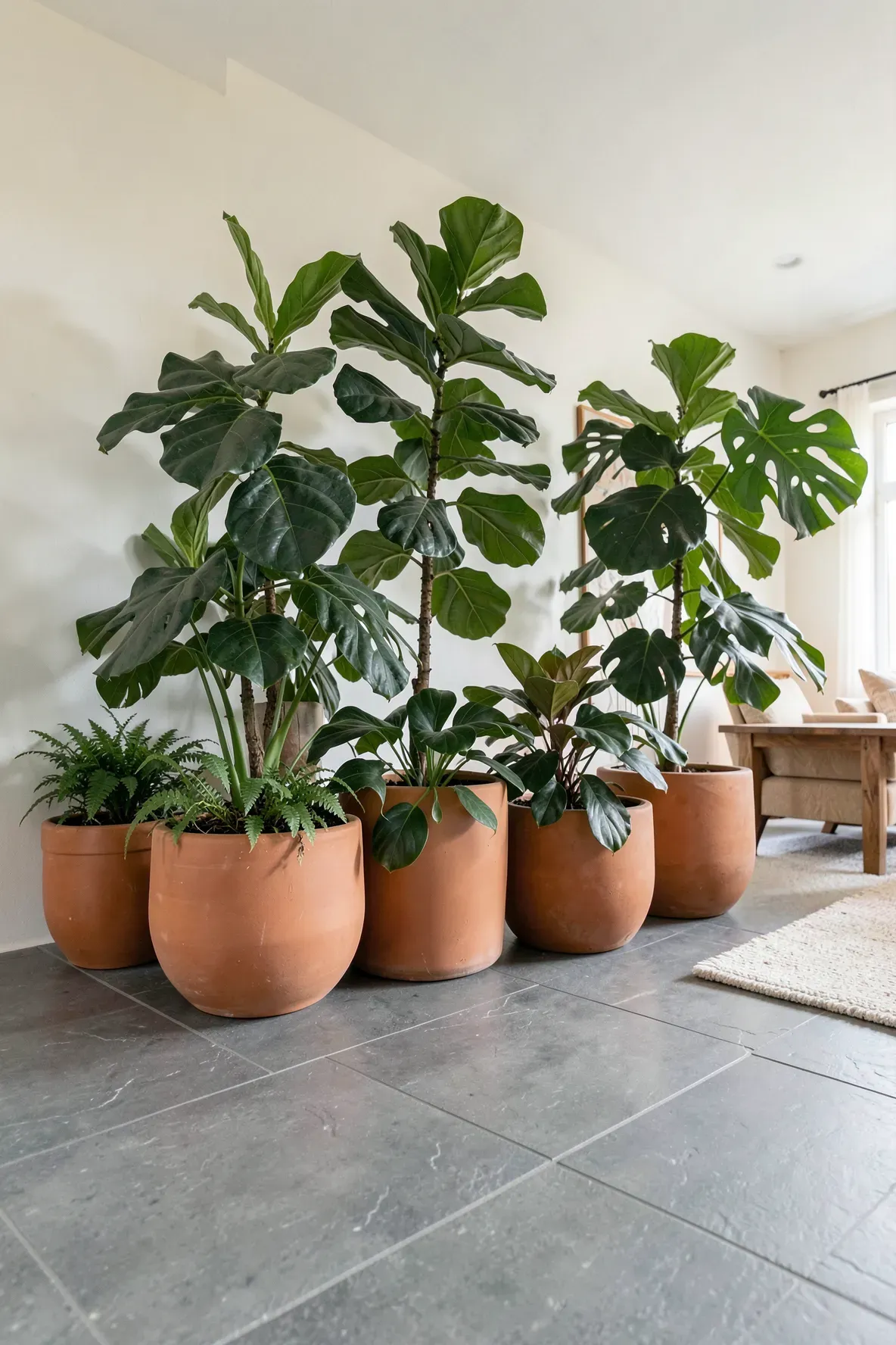 Large terracotta planters with green plants on a grey tiled floor in a modern living room.