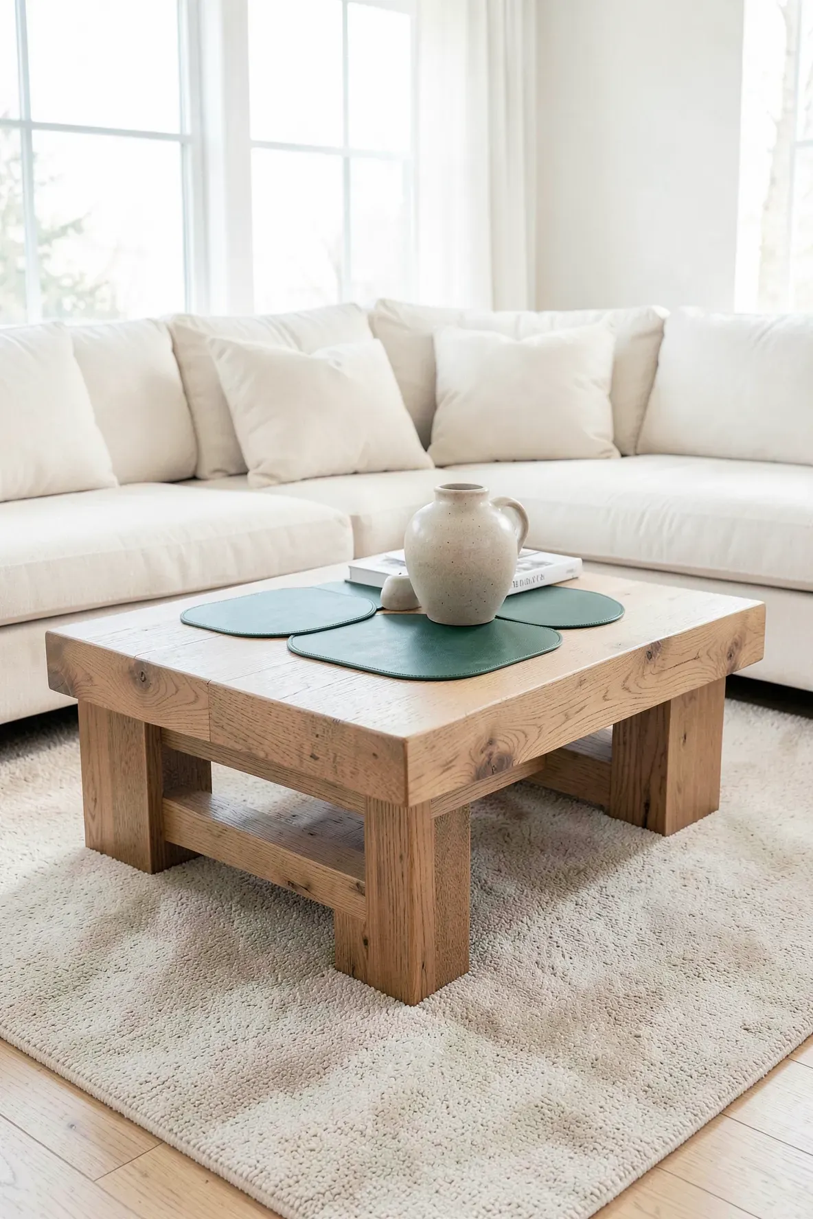 A raw oak coffee table with pine green coasters in a bright, neutral living room setting.