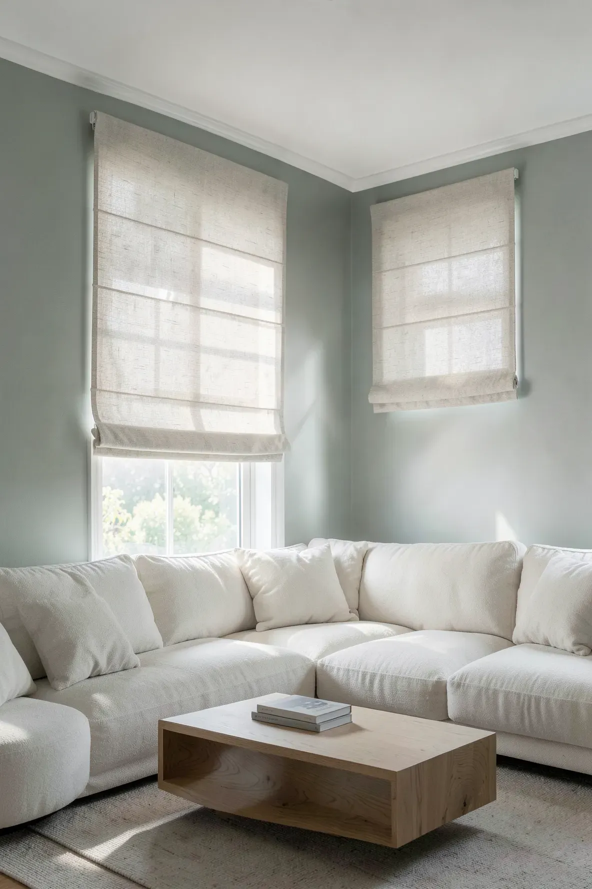 A sophisticated living room with silver sage walls and natural linen Roman shades on large windows.