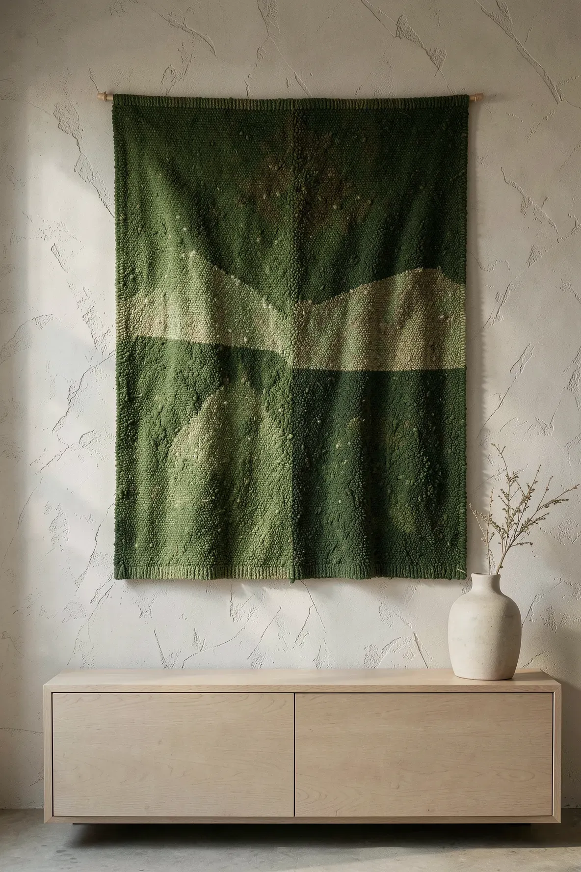 A hand-woven green tapestry adds texture to a neutral plaster wall in a cozy living room.