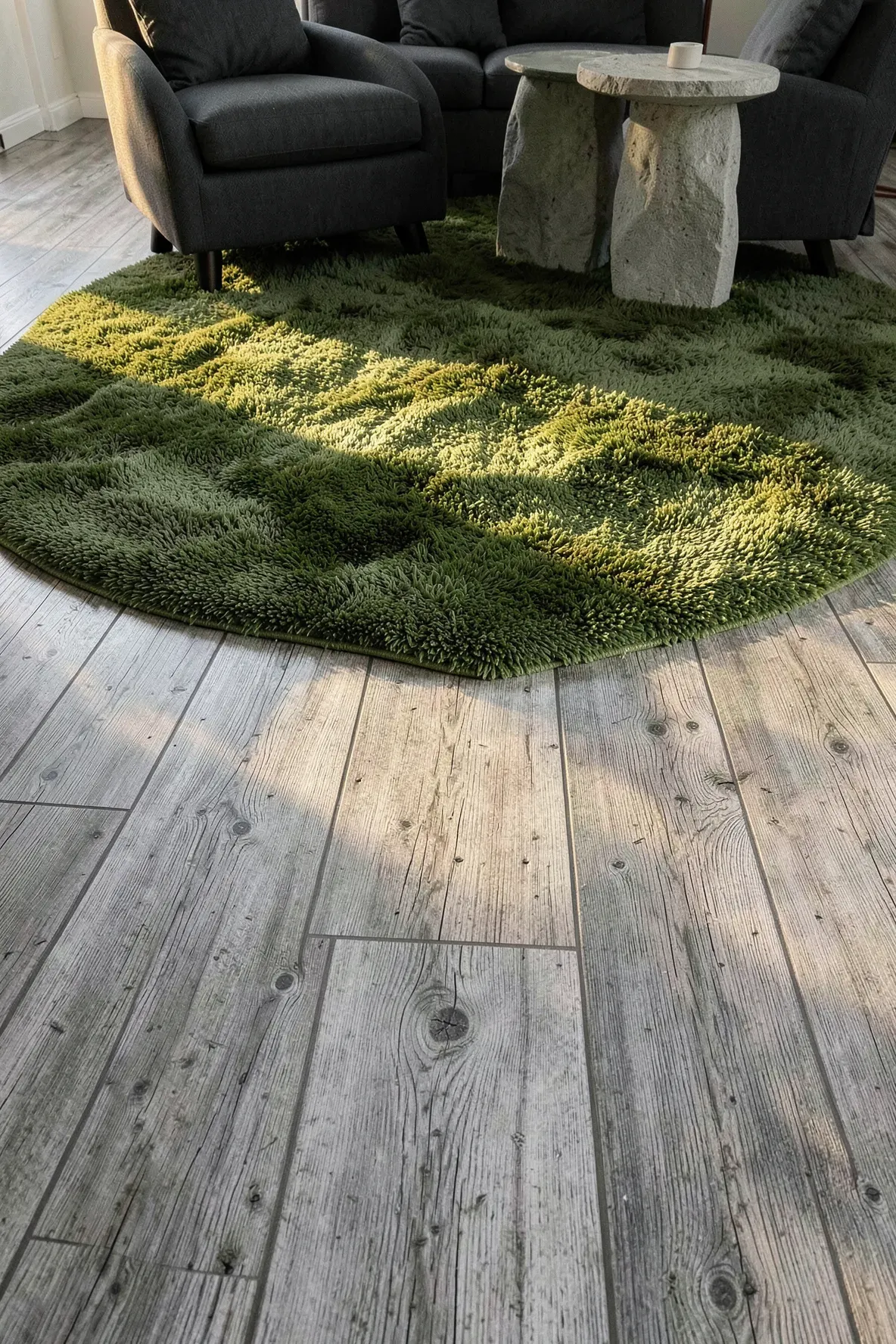 Distressed grey wood flooring paired with a plush mossy green rug in a modern living room.
