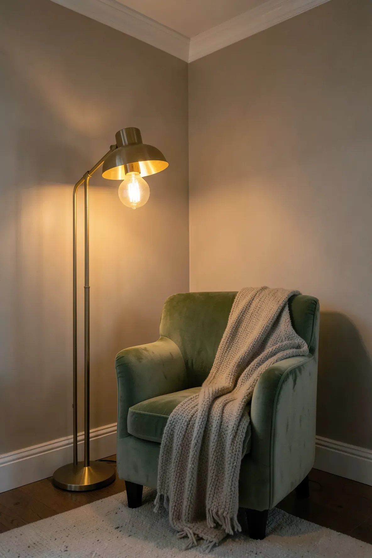 A brass floor lamp illuminates a cozy sage green armchair in a living room corner.