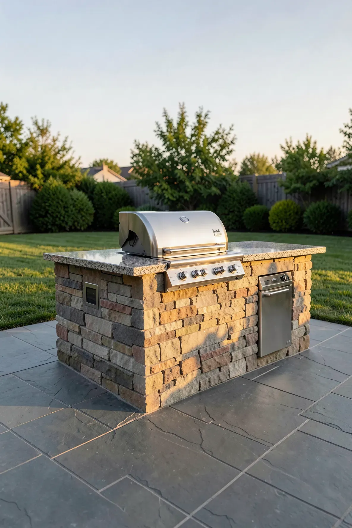 A permanent stone kitchen island with a built-in stainless steel gas grill on a luxury slate patio.