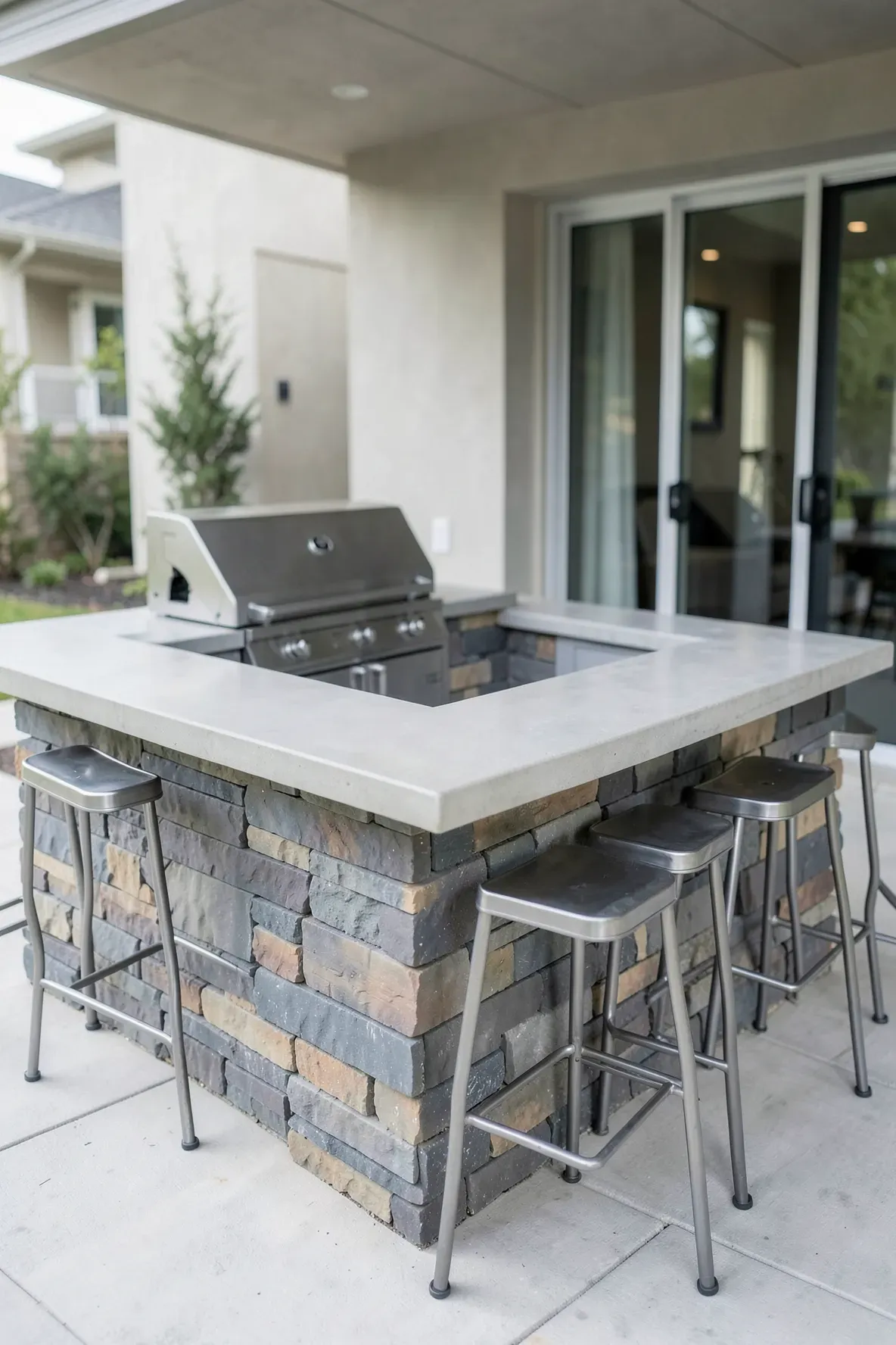 An L-shaped outdoor kitchen featuring a stone base, concrete countertops, and modern bar stools.
