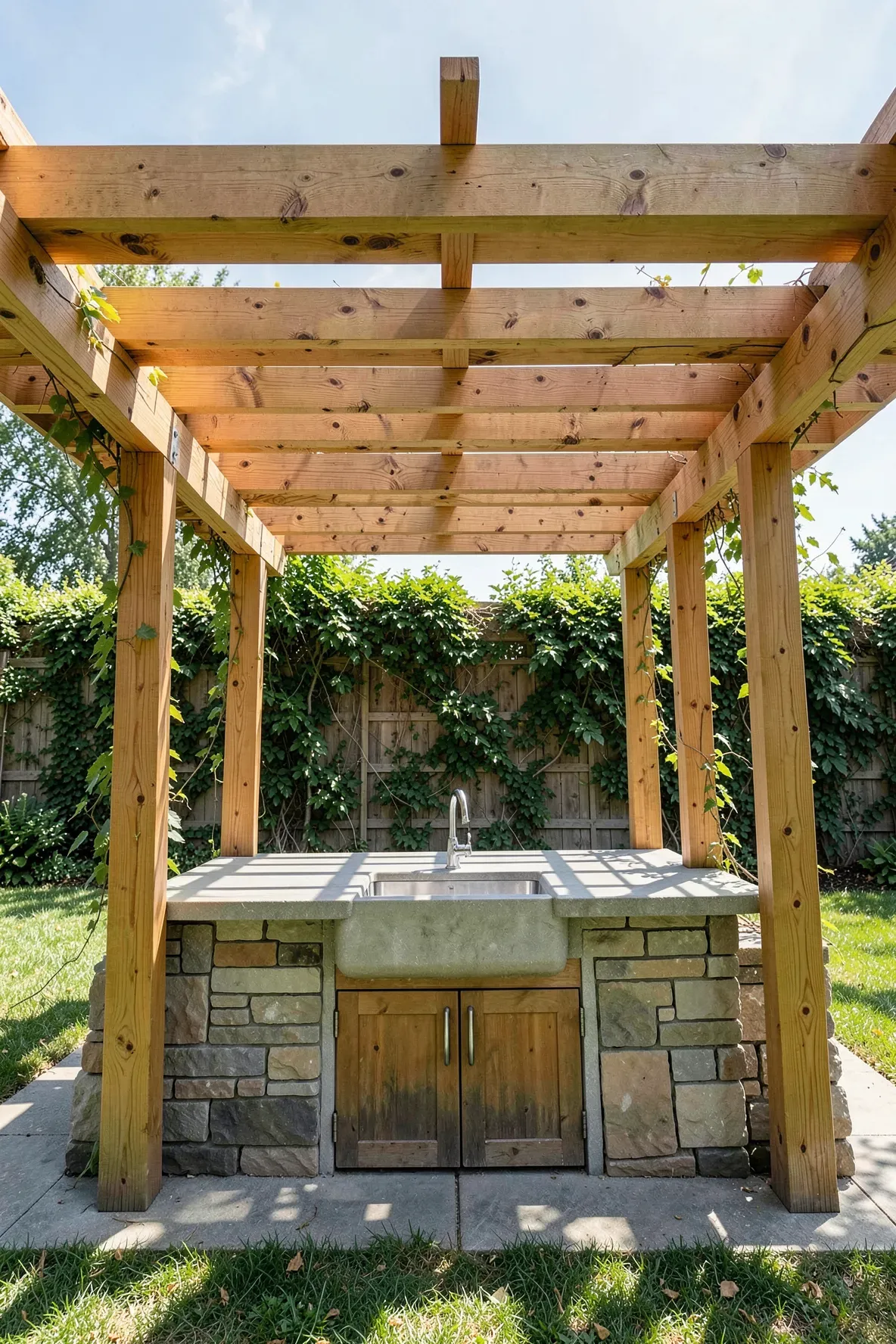 A beautiful cedar wood pergola shading a stone prep station in a sunny backyard garden.