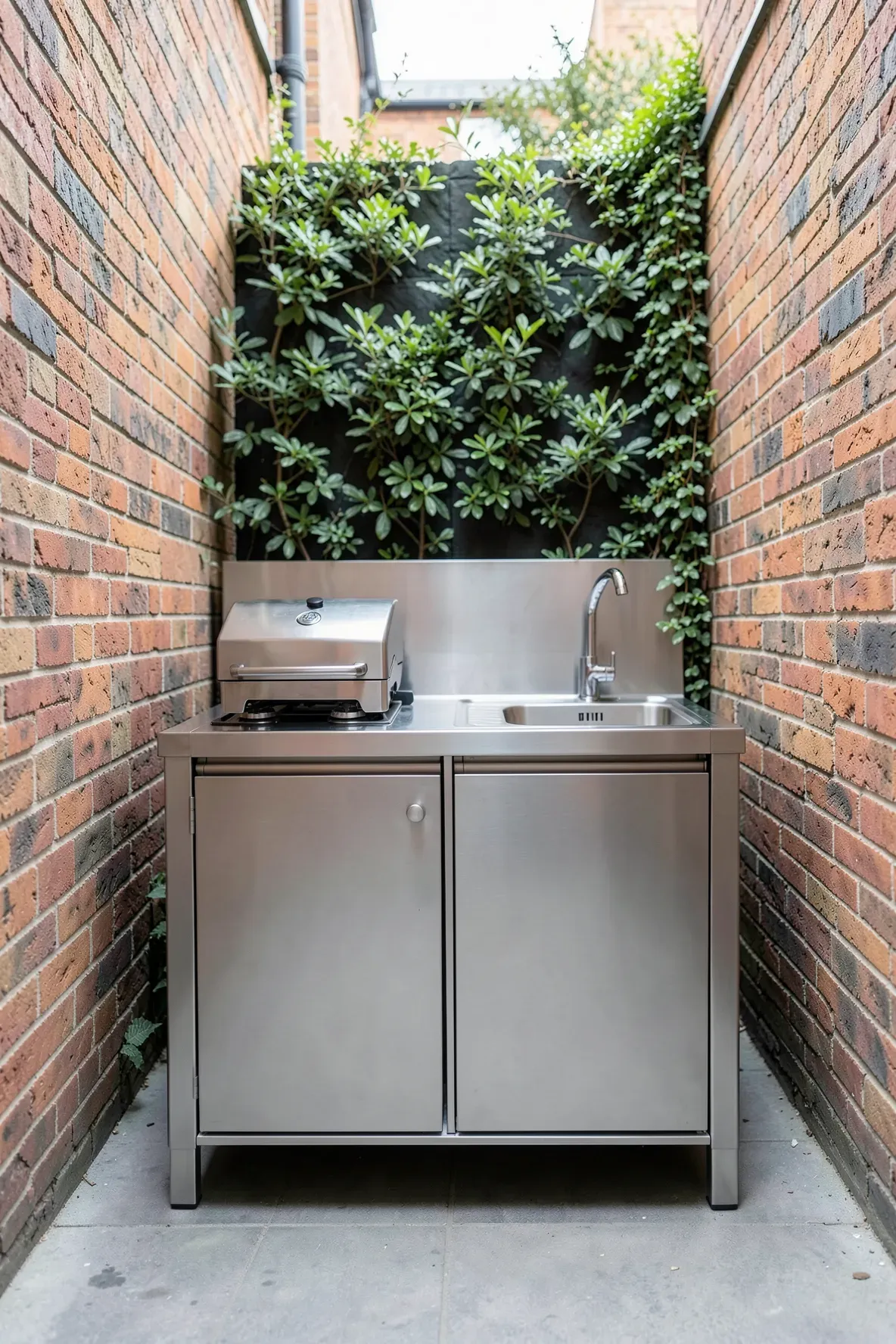 A sleek, compact stainless steel kitchenette with a grill and sink on a small brick patio.
