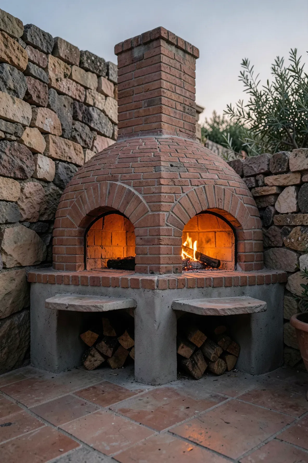 A rustic domed brick pizza oven built into a patio corner with stacked wood storage below.