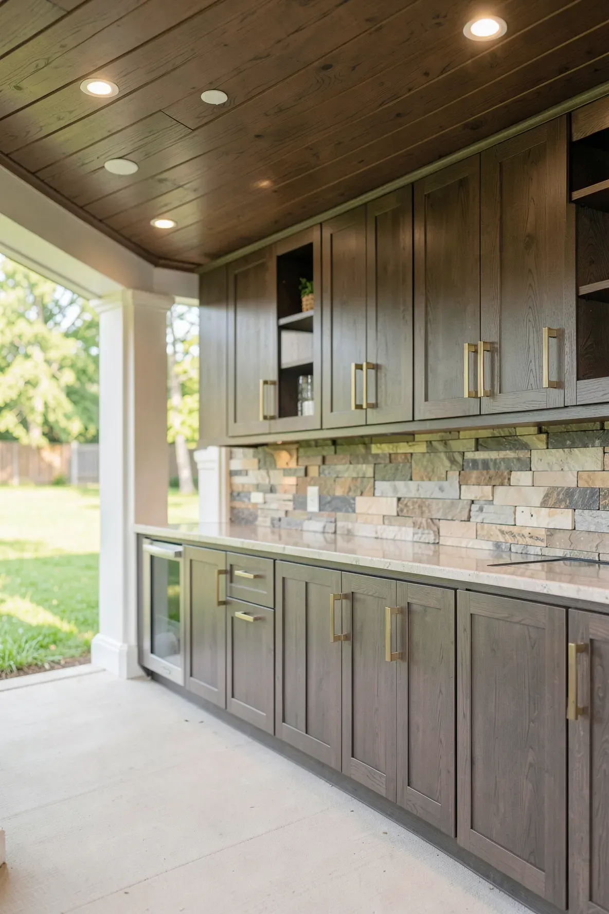 Elegant weatherproof wood-grain cabinets and stone countertops under a covered outdoor porch.