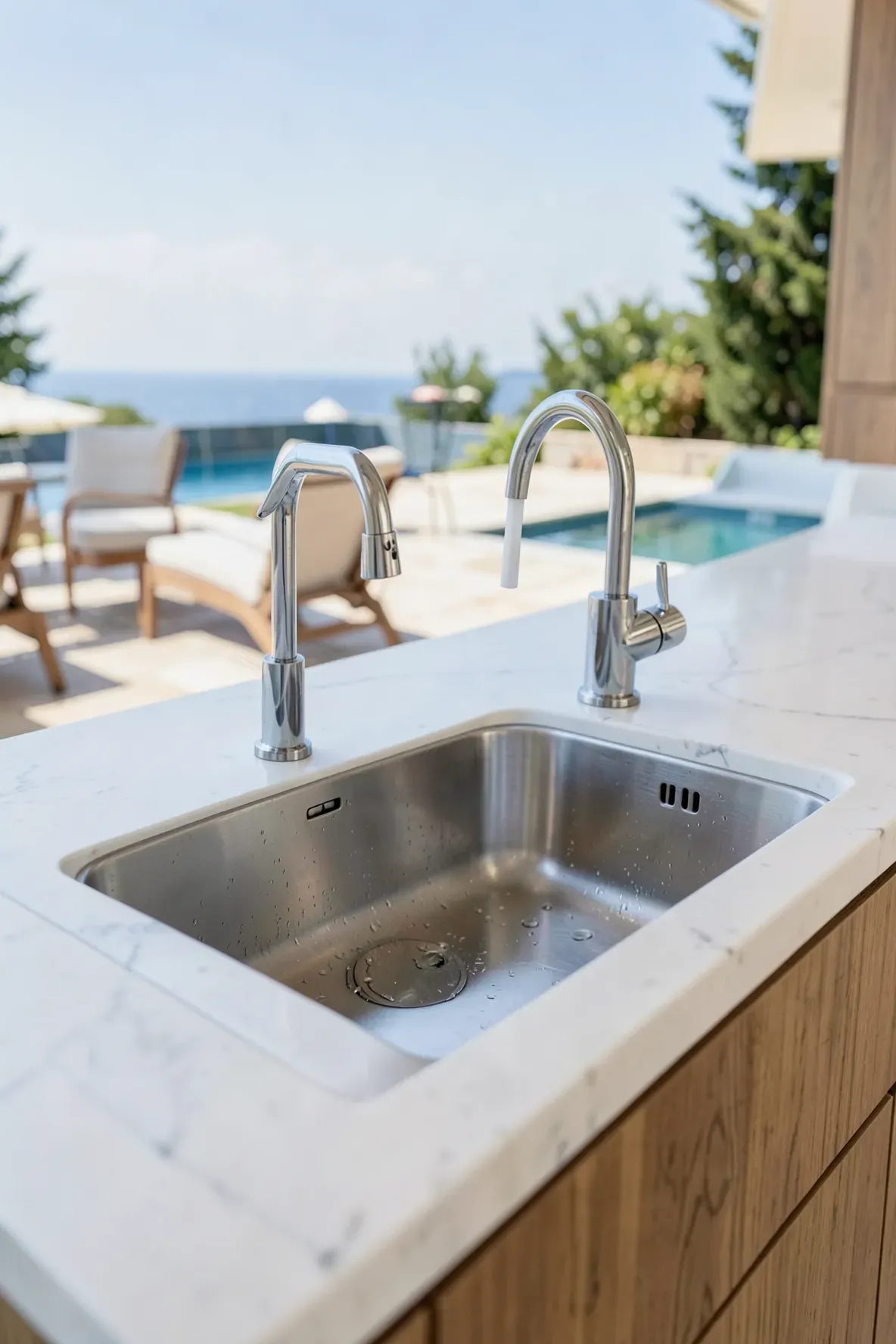 A modern stainless steel outdoor sink with a high-arc faucet installed in a white marble countertop.