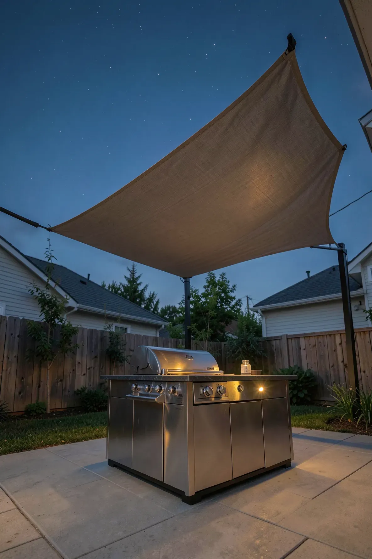 A motorized taupe retractable awning extended over a modern stainless steel outdoor grill island at dusk.