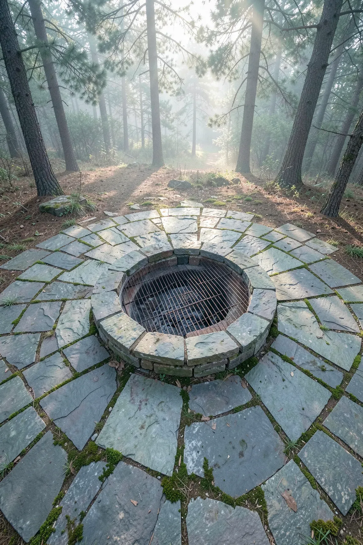 A natural flagstone patio featuring a central iron wood-fired grilling pit surrounded by forest scenery.