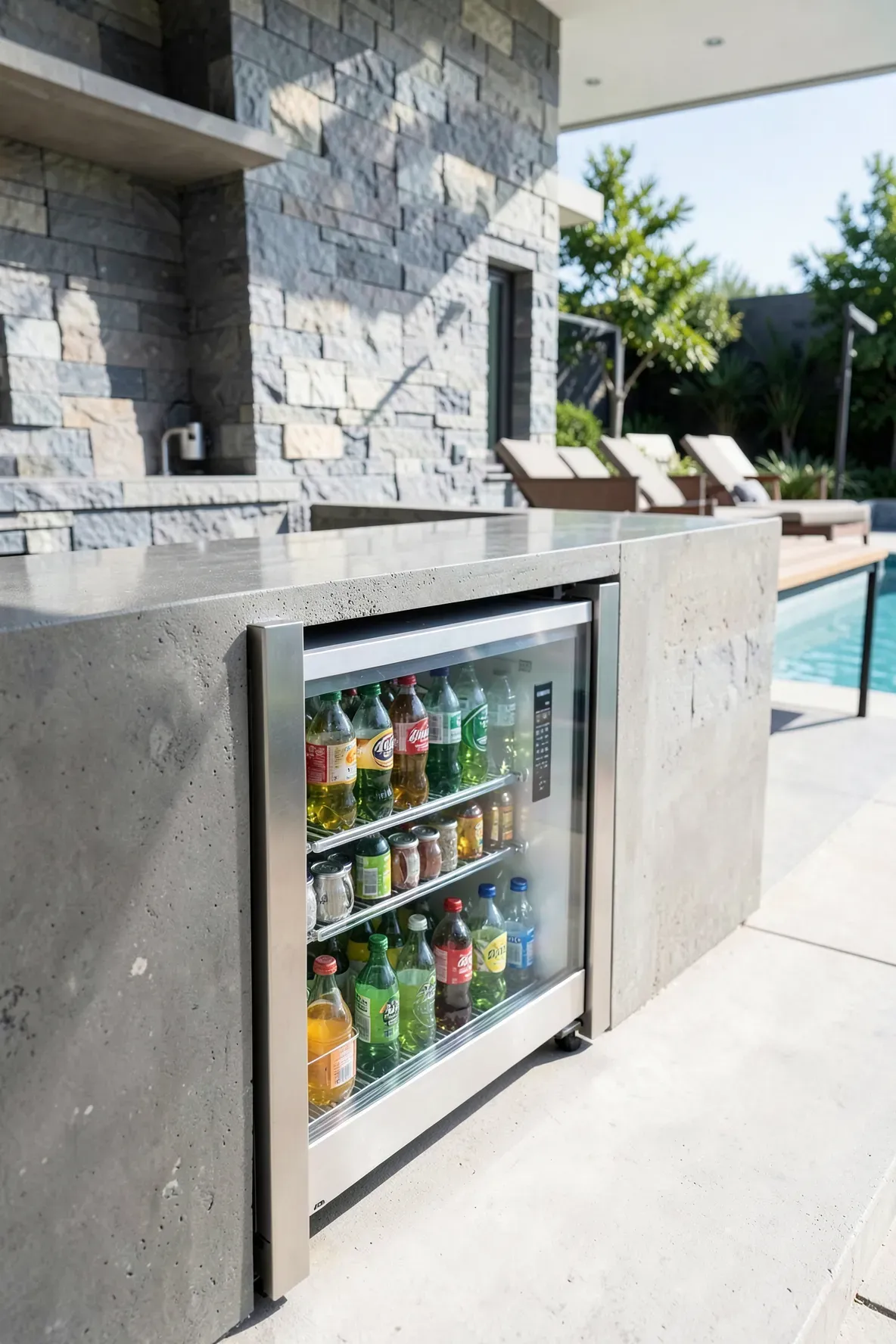 A stainless steel under-counter outdoor refrigerator built into a stone kitchen island on a sunny patio.