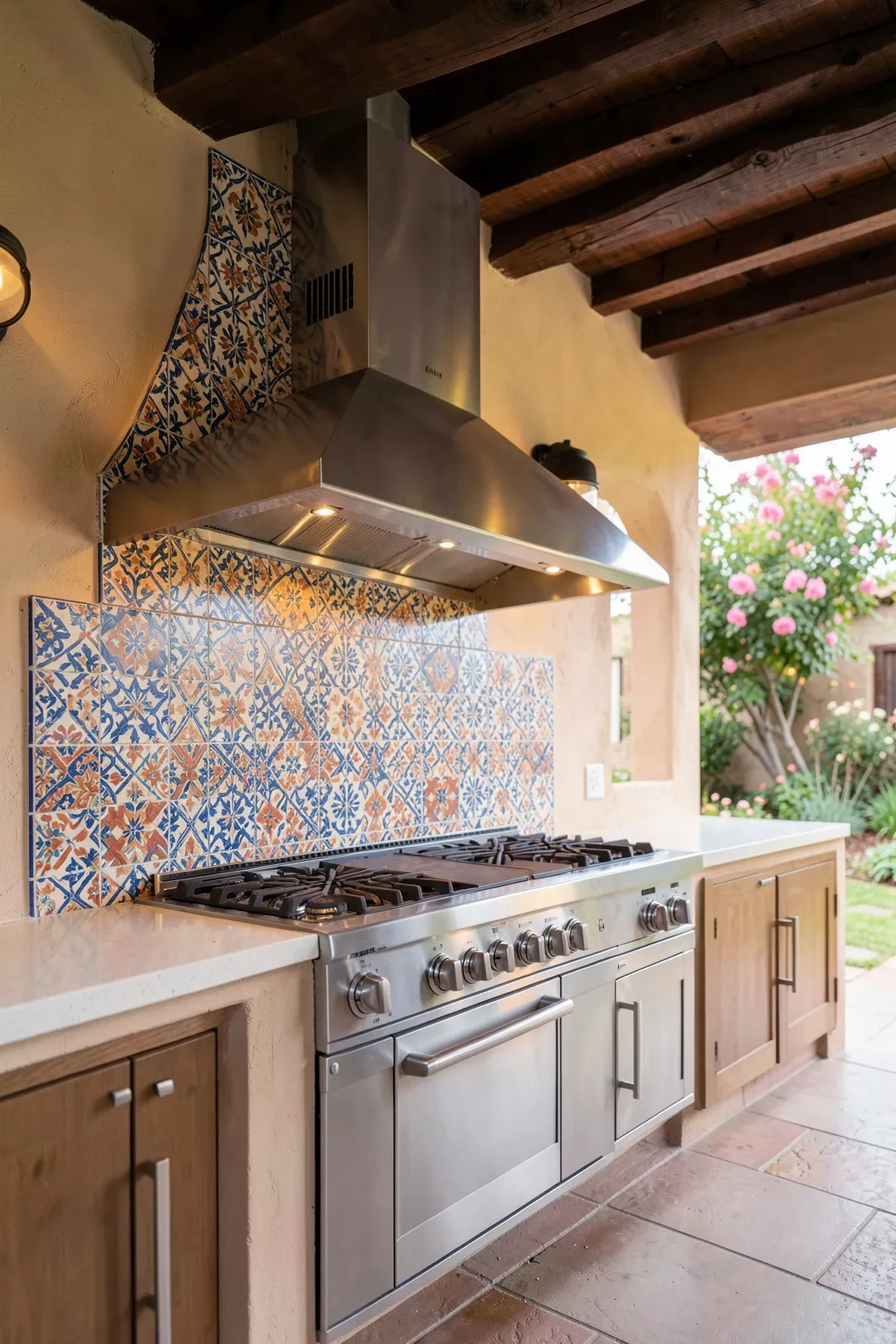 A vibrant mosaic tiled backsplash and stainless steel range hood in a covered outdoor kitchen.