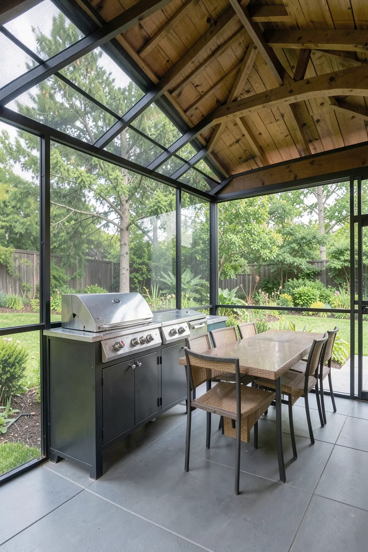 A spacious screened-in outdoor kitchen and dining area with a wood ceiling and views of the backyard.