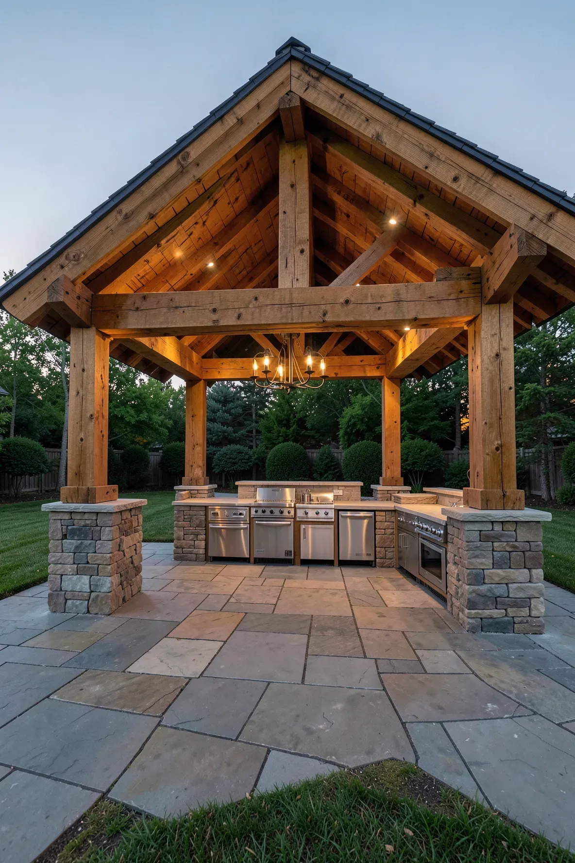 A sturdy timber frame roof with exposed beams covering a luxury outdoor kitchen on a stone patio.
