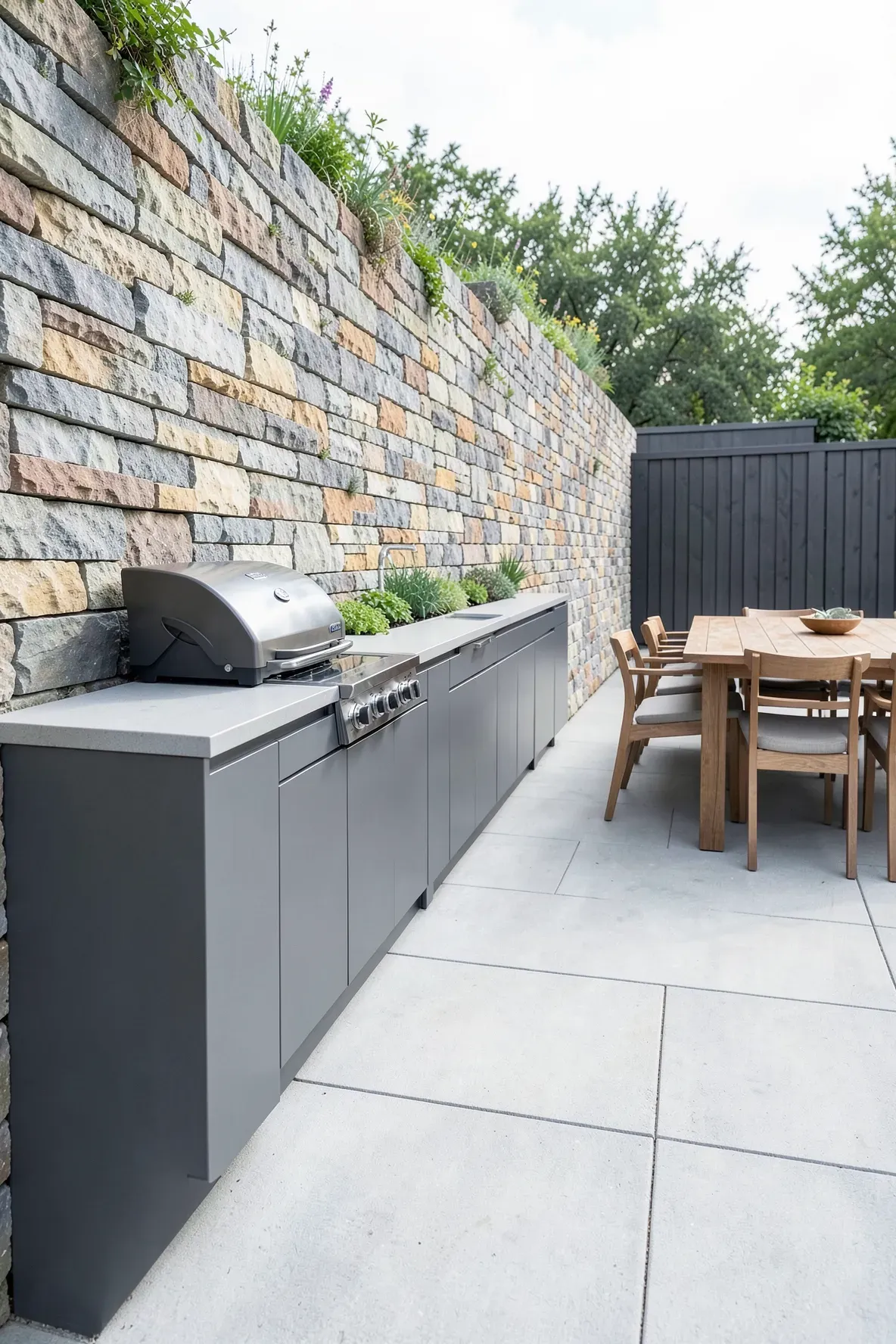 A long galley outdoor kitchen built against a stone wall in a narrow, modern backyard.