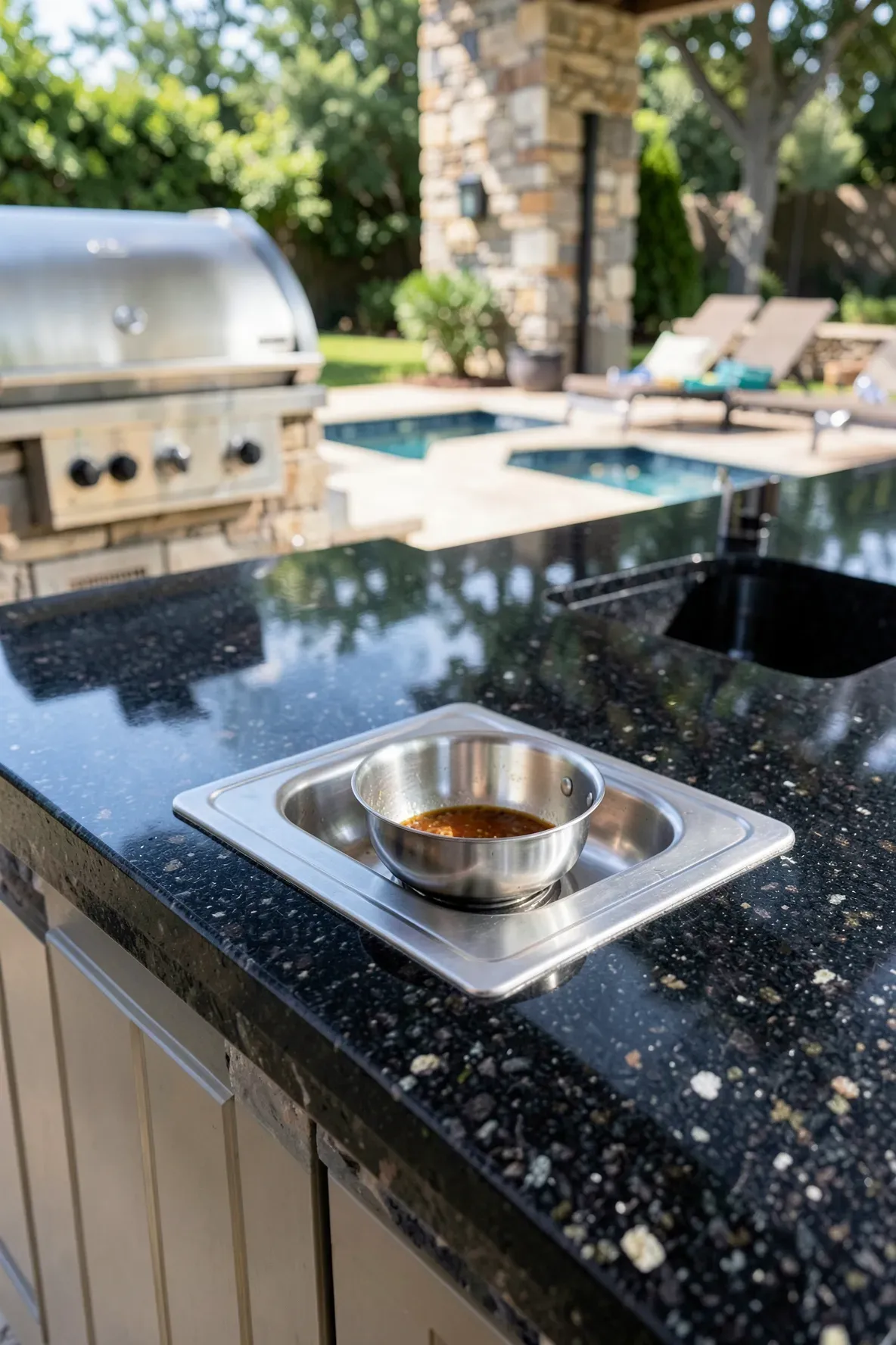 A stainless steel side burner built into a granite countertop in a luxury outdoor kitchen.