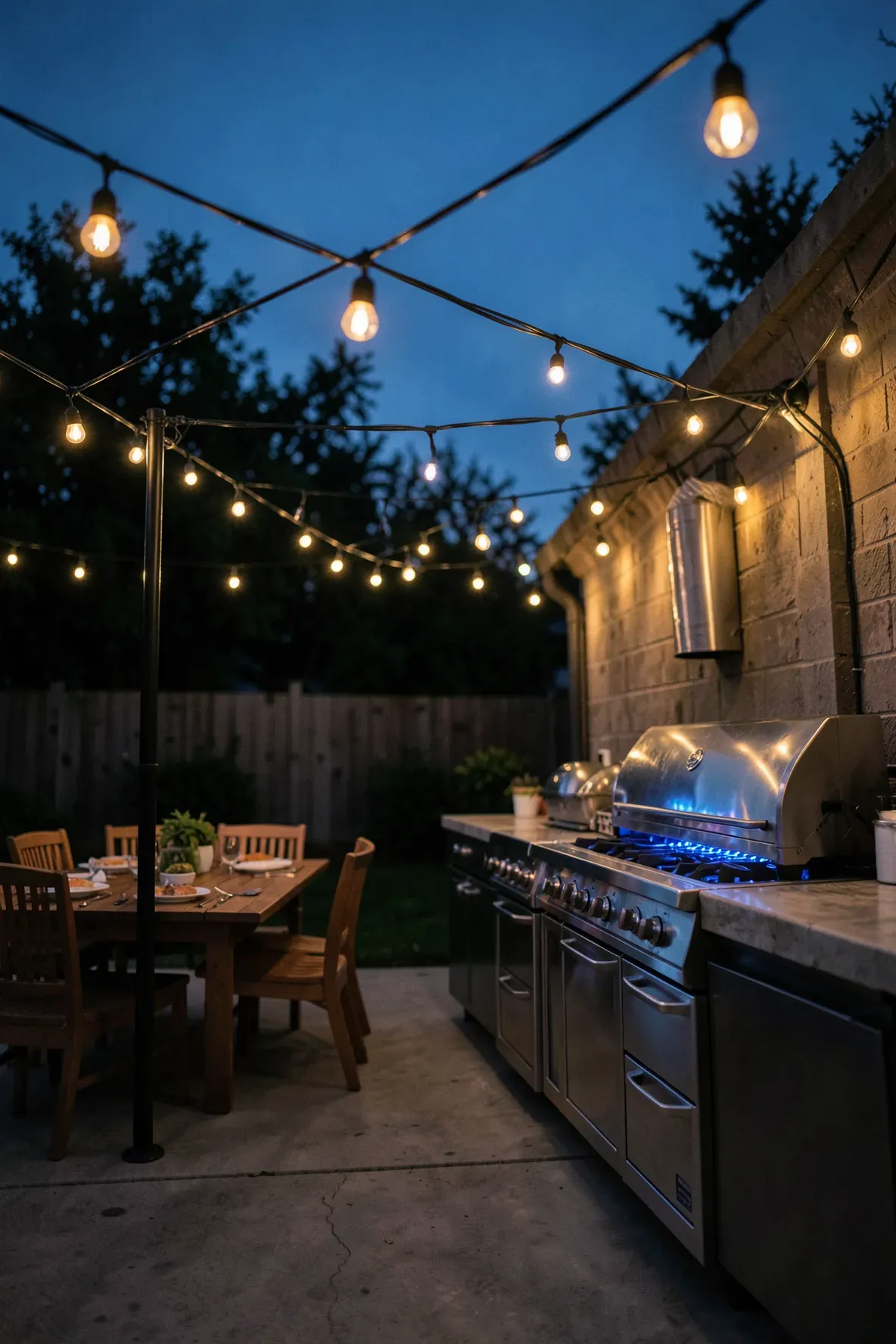 Warm Edison string lights hanging over an outdoor kitchen and dining area at twilight.