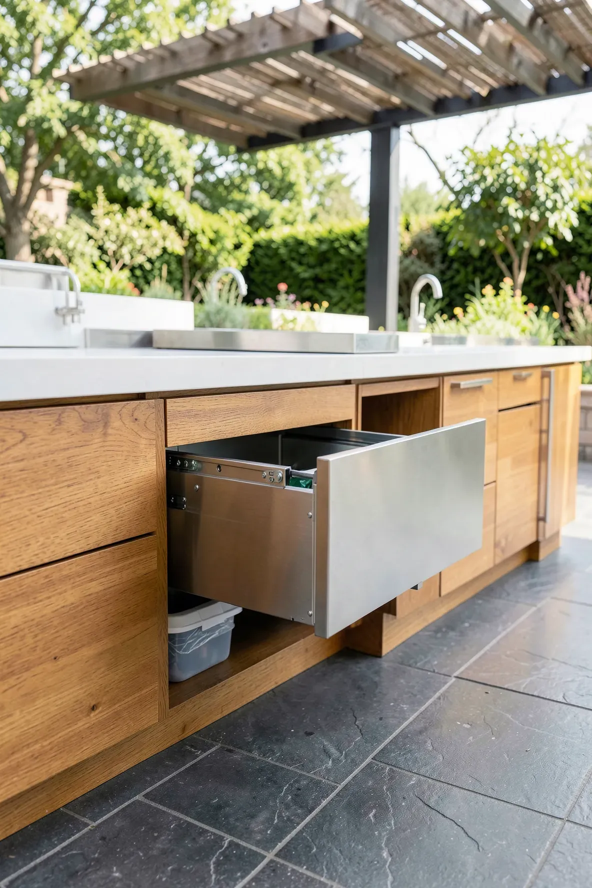 A pull-out cabinet drawer in an outdoor kitchen hiding two recycling and trash bins.