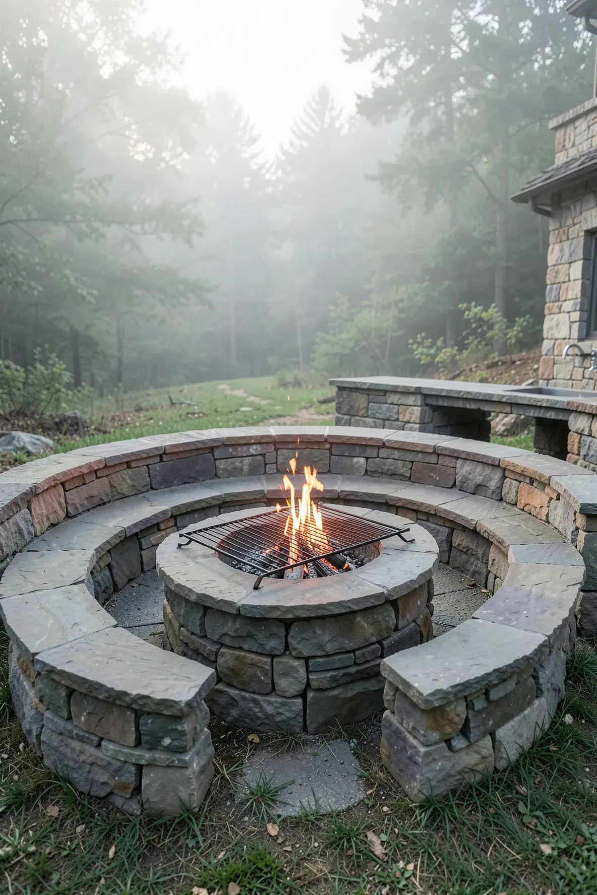 A natural stone fire pit with a cooking grate integrated into a stone patio layout.