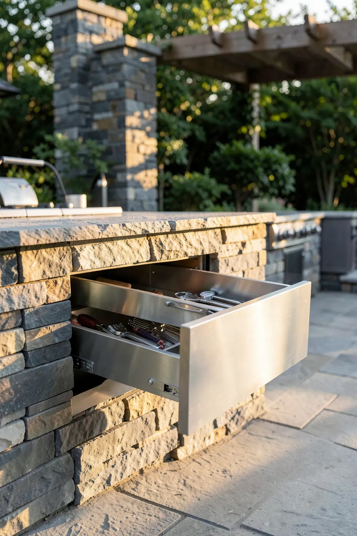 Sleek stainless steel drawers built into a stone outdoor kitchen island with professional grill tools.