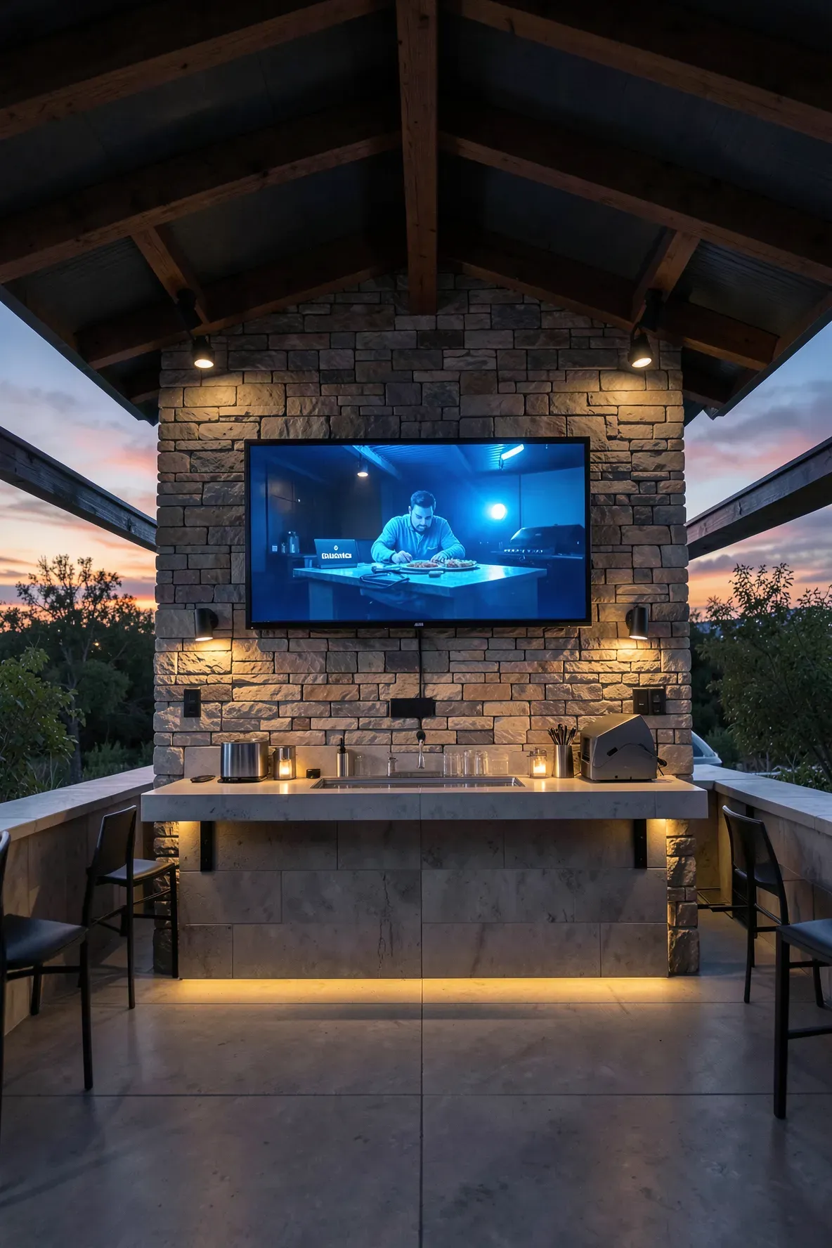 A modern outdoor kitchen featuring a wall-mounted television above a stone bar area.