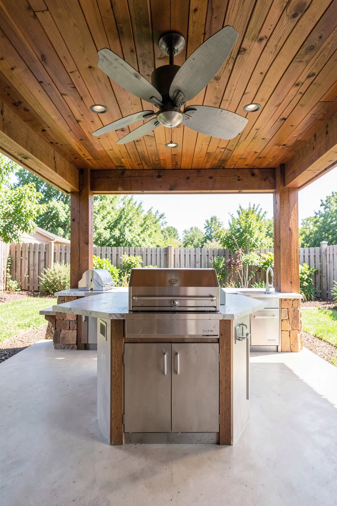 An outdoor kitchen under a wooden roof featuring a large ceiling fan for ventilation.