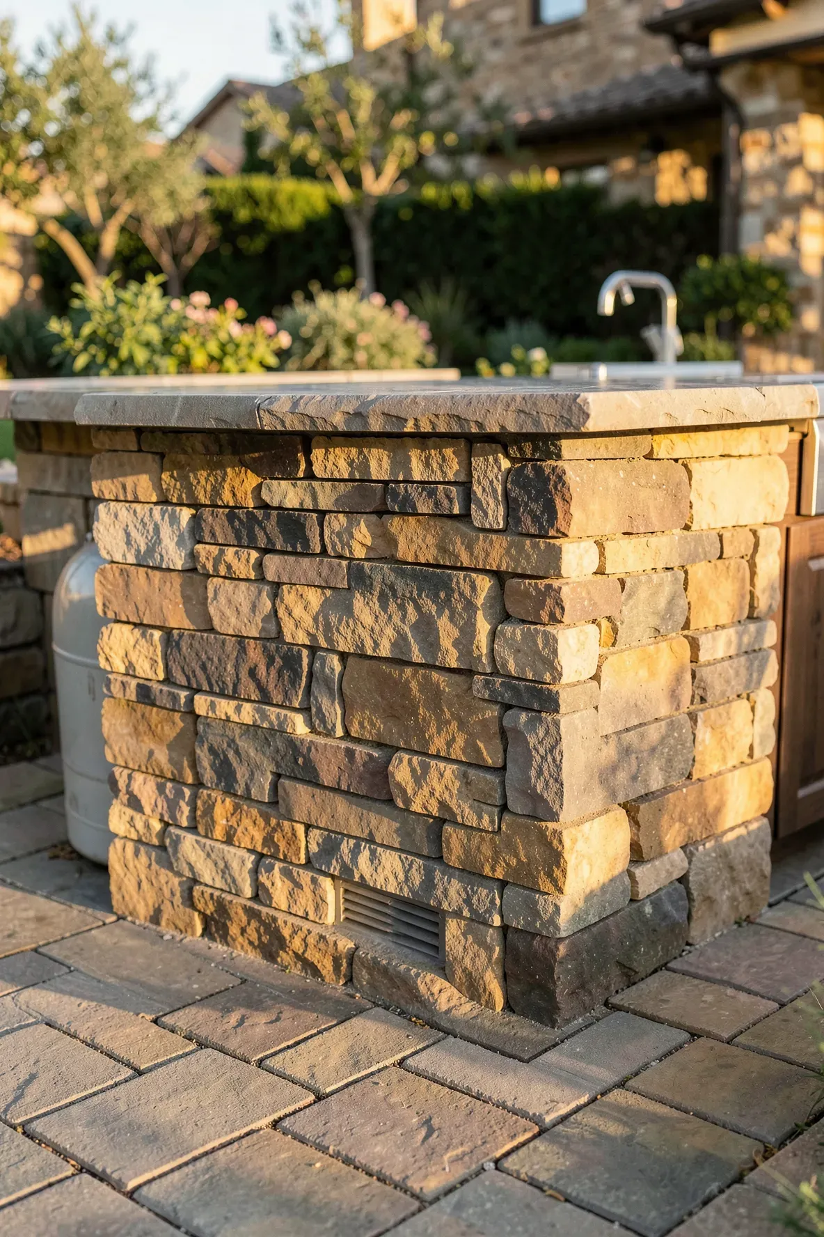 Propane tank storage hidden inside a stone outdoor kitchen island with a matching stone door.