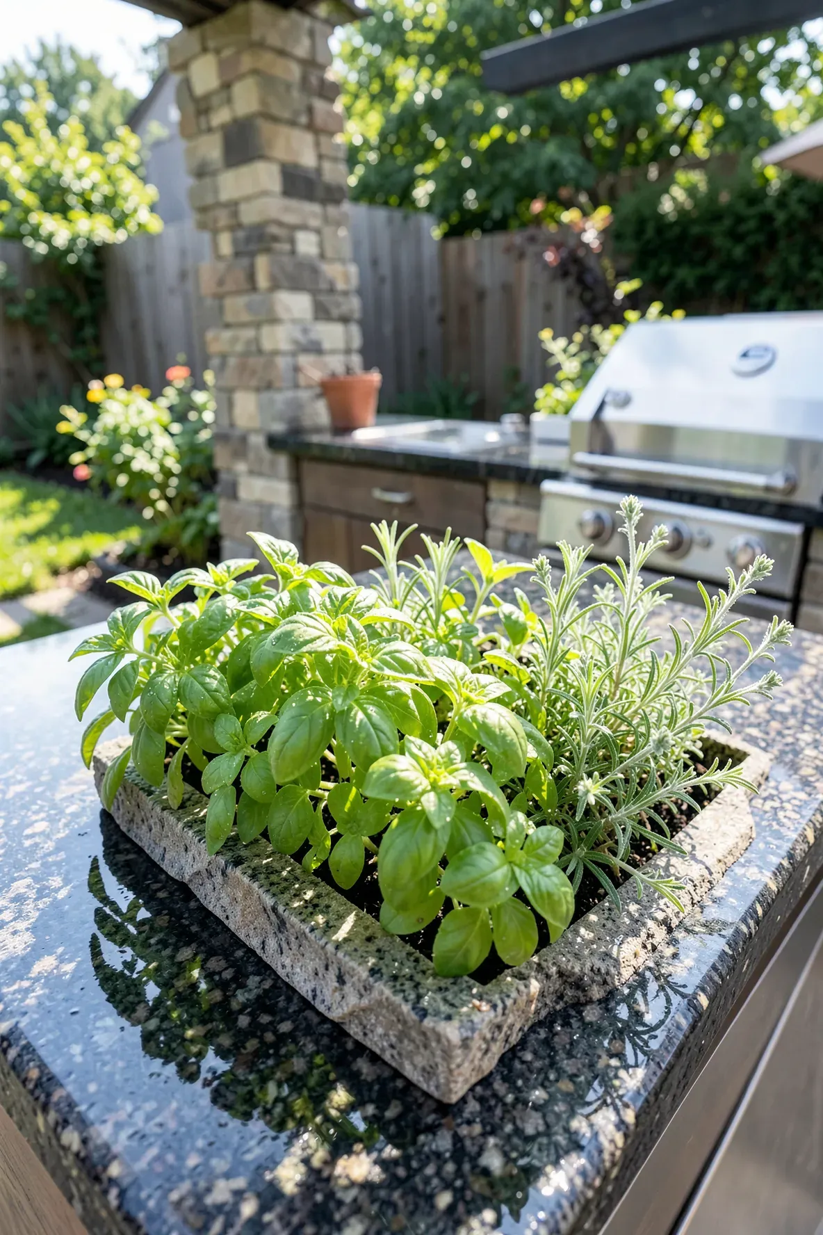 Fresh herbs growing in planters built directly into a granite outdoor kitchen countertop.