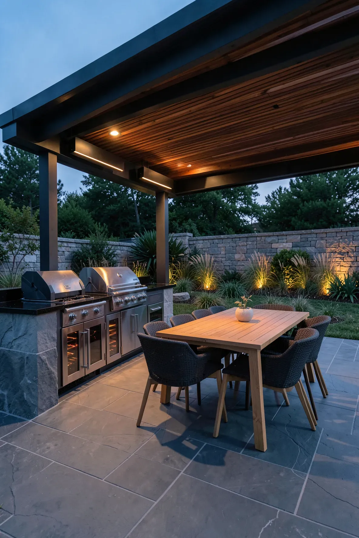 A luxury outdoor kitchen with ceiling-mounted infrared heaters and a stainless steel grill at dusk.