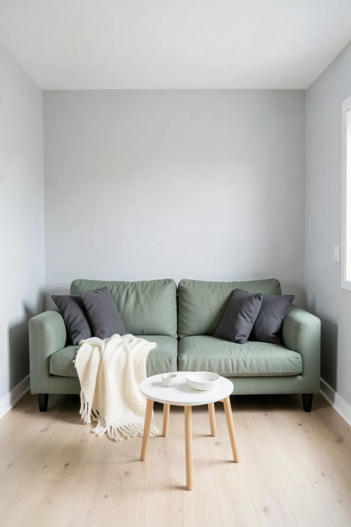 A fresh sage green sofa against soft grey walls in a minimalist, bright living room setting.