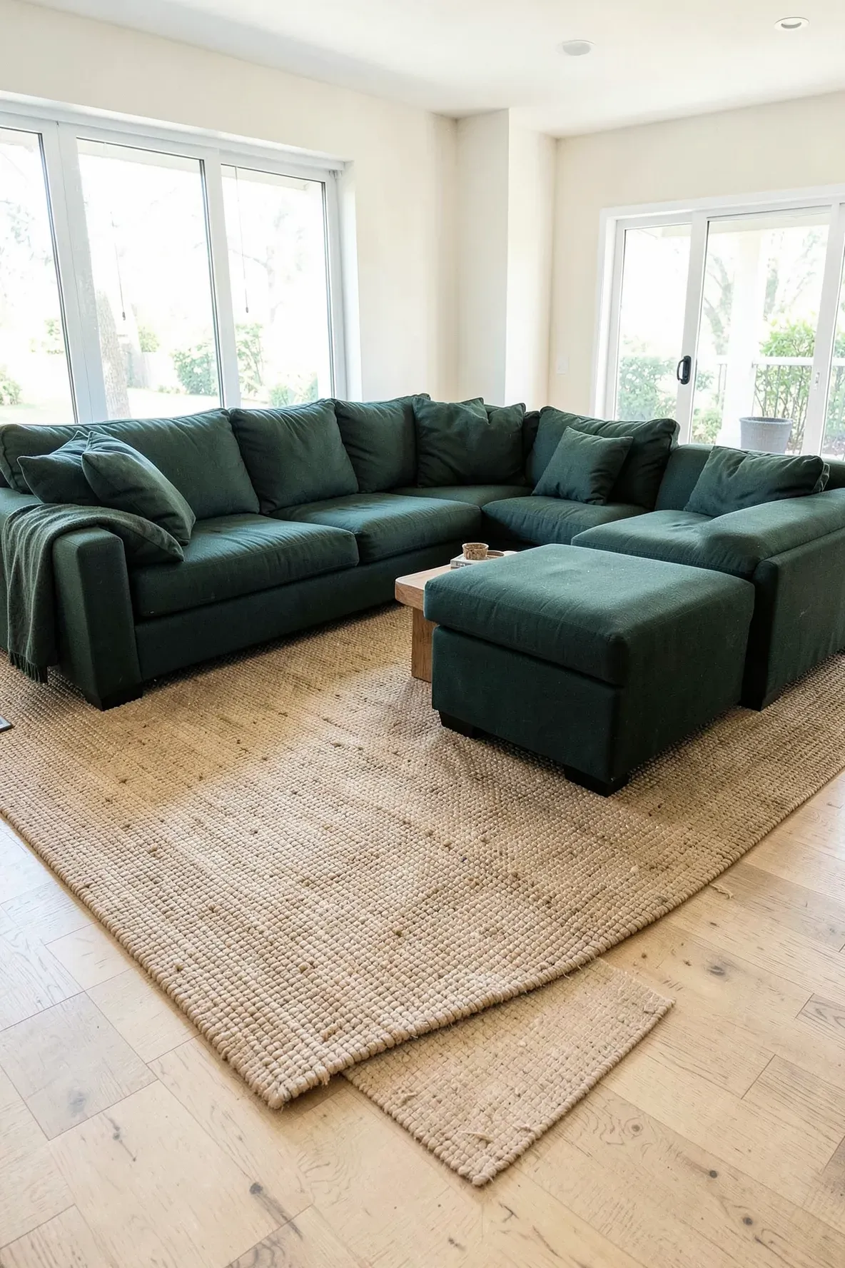 A large dark green sectional sofa on a textured tan jute rug in a bright family living room.