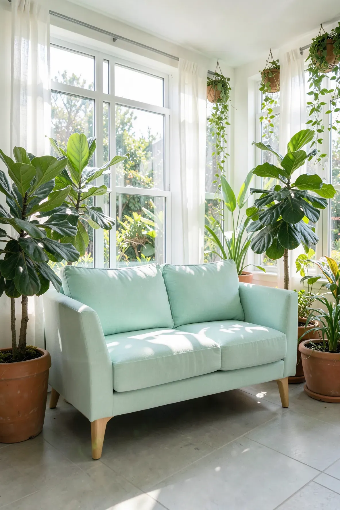 A mint green loveseat surrounded by large potted plants like a Fiddle Leaf Fig in a sunlit room.