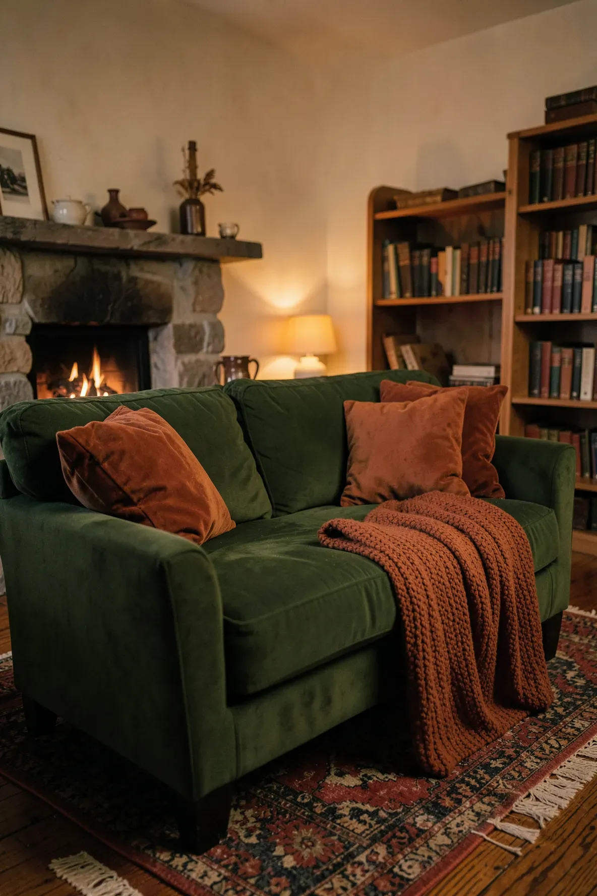 A deep moss green sofa with terracotta accent pillows in a cozy, warm living room.