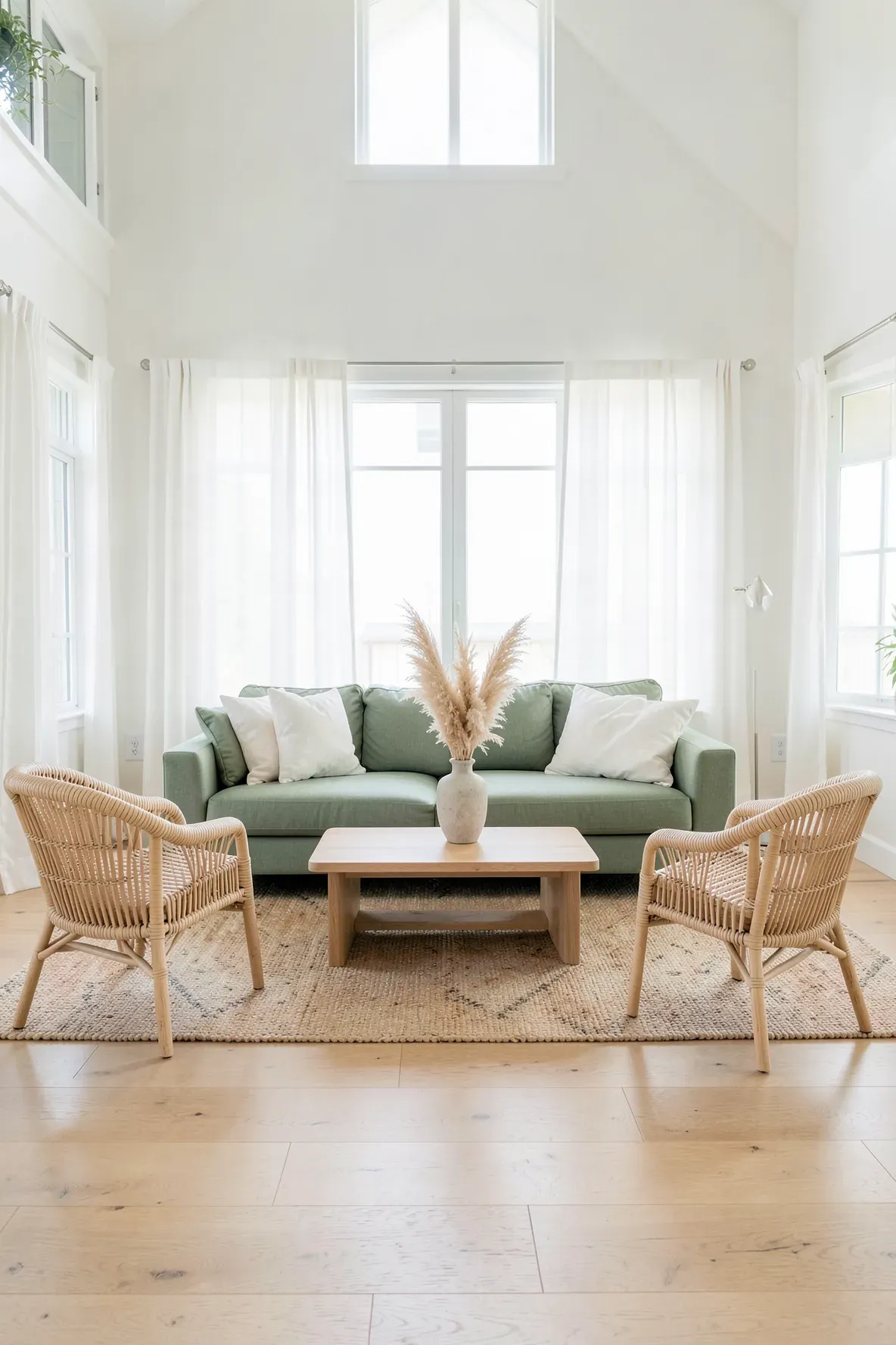 A light sage green sofa paired with two tan rattan chairs in a bright, airy coastal living room.